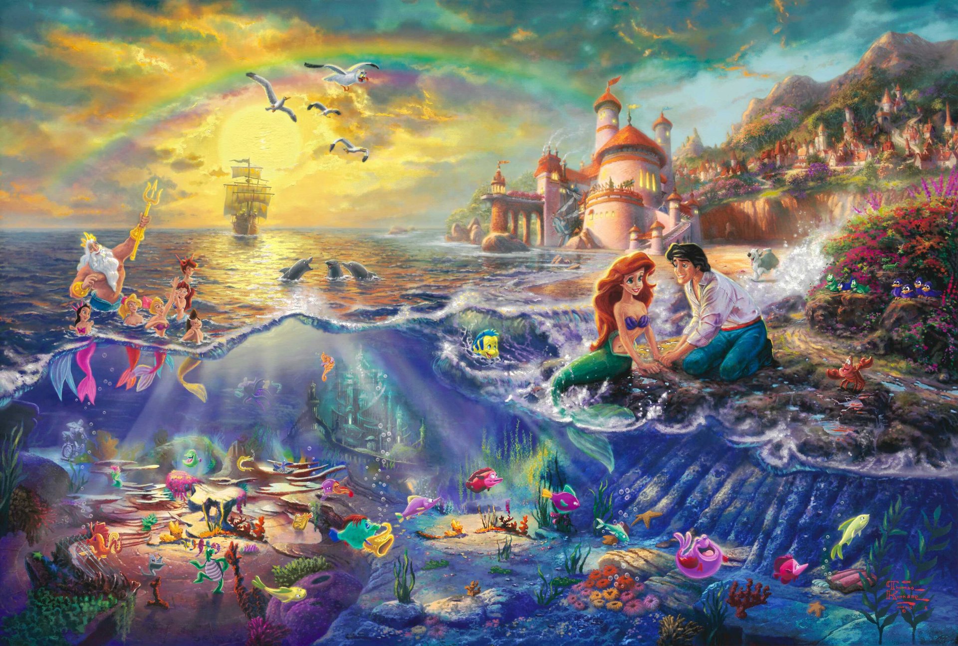 petite sirène thomas kincaid peinture walt disney pictures princesse ariel neptune prince eric disney prince château voile arc en ciel dessin animé