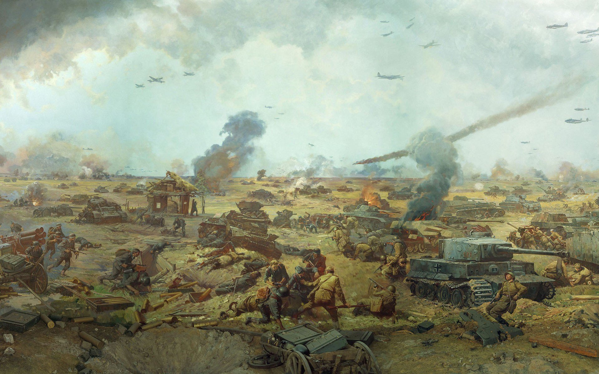 guerra masacre batalla batalla segunda gran guerra patriótica pintura campo soldados rusos alemanes tanques aviones armas municiones humo fuego heridos cadáveres