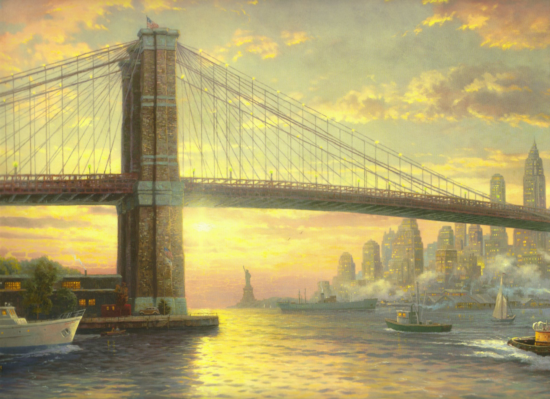 spirito di new york thomas kincaid pittura new york città ponte stati uniti bandiera statua della libertà metropoli grattacieli edifici barca vela oceano