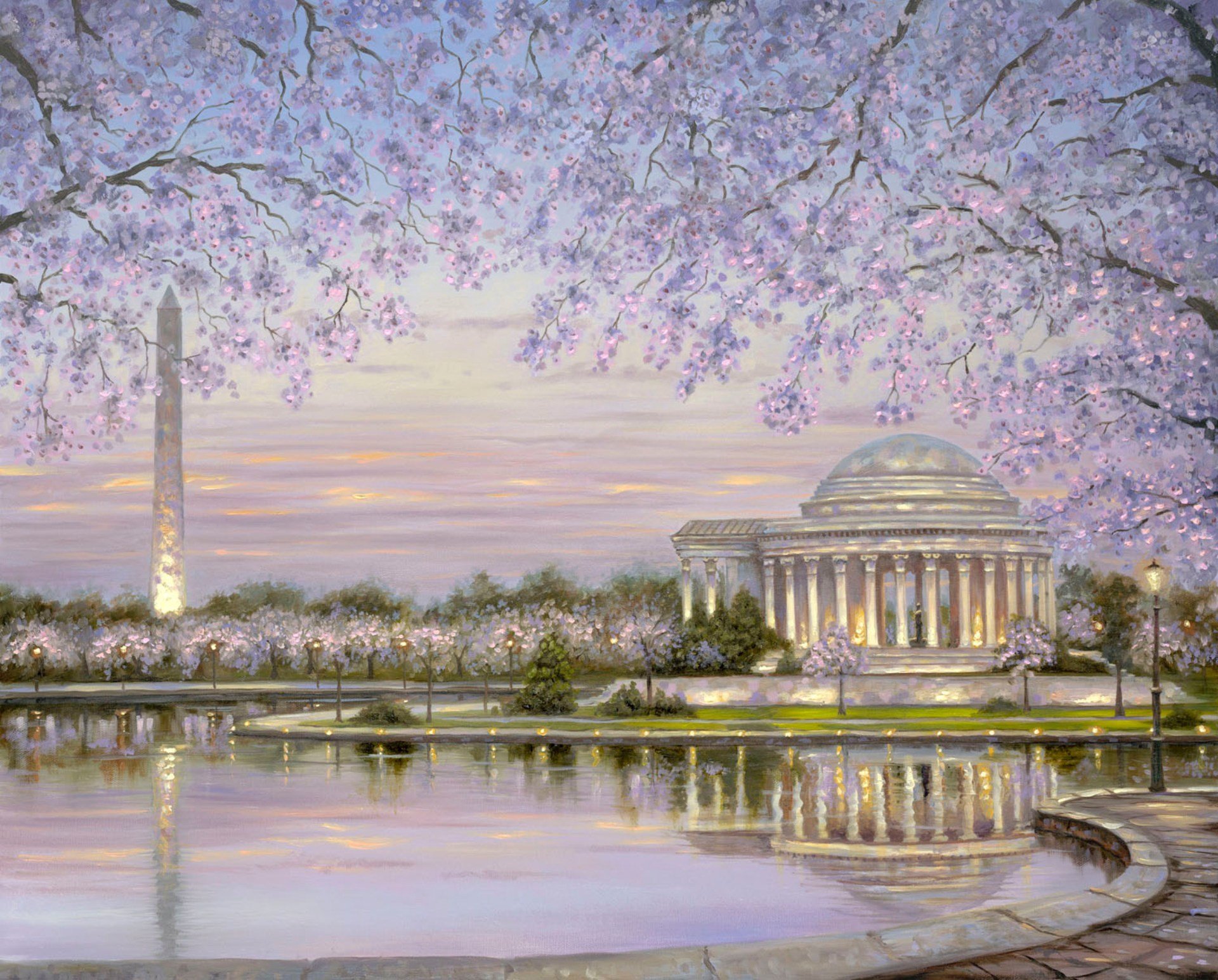 pring blossom robert finale pintura primavera parque primavera floración flores agua lago estanque obelisco cenador con columnas