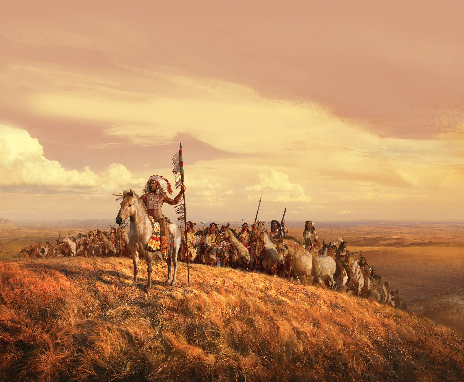 pintura dibujo líder indios guerreros caballos campo hierba voluntad nubes cielo