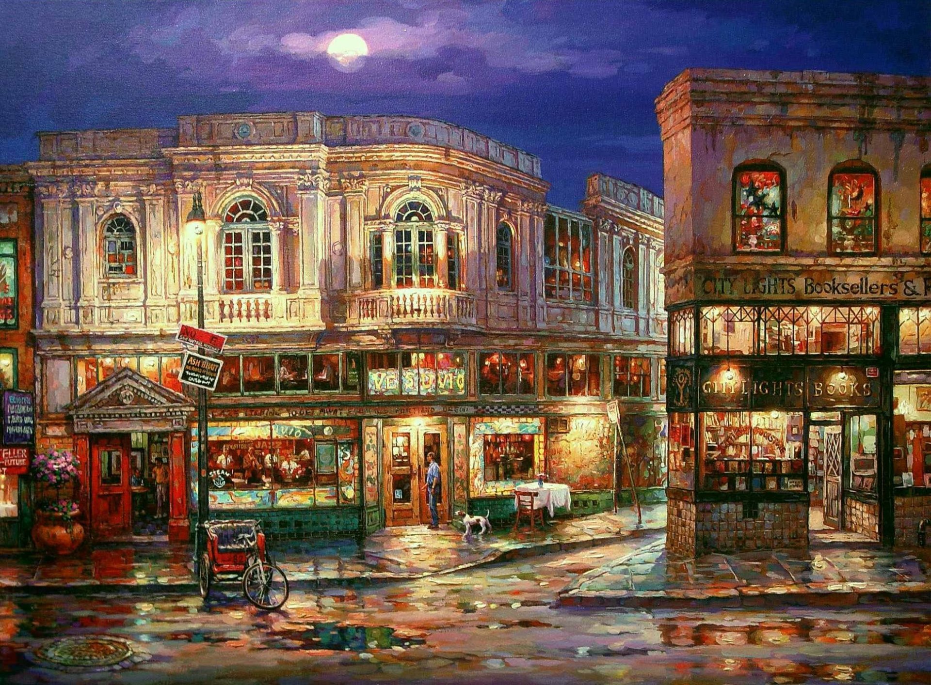 peinture cao yun rue nuit lune maisons magasins vitrines lanterne