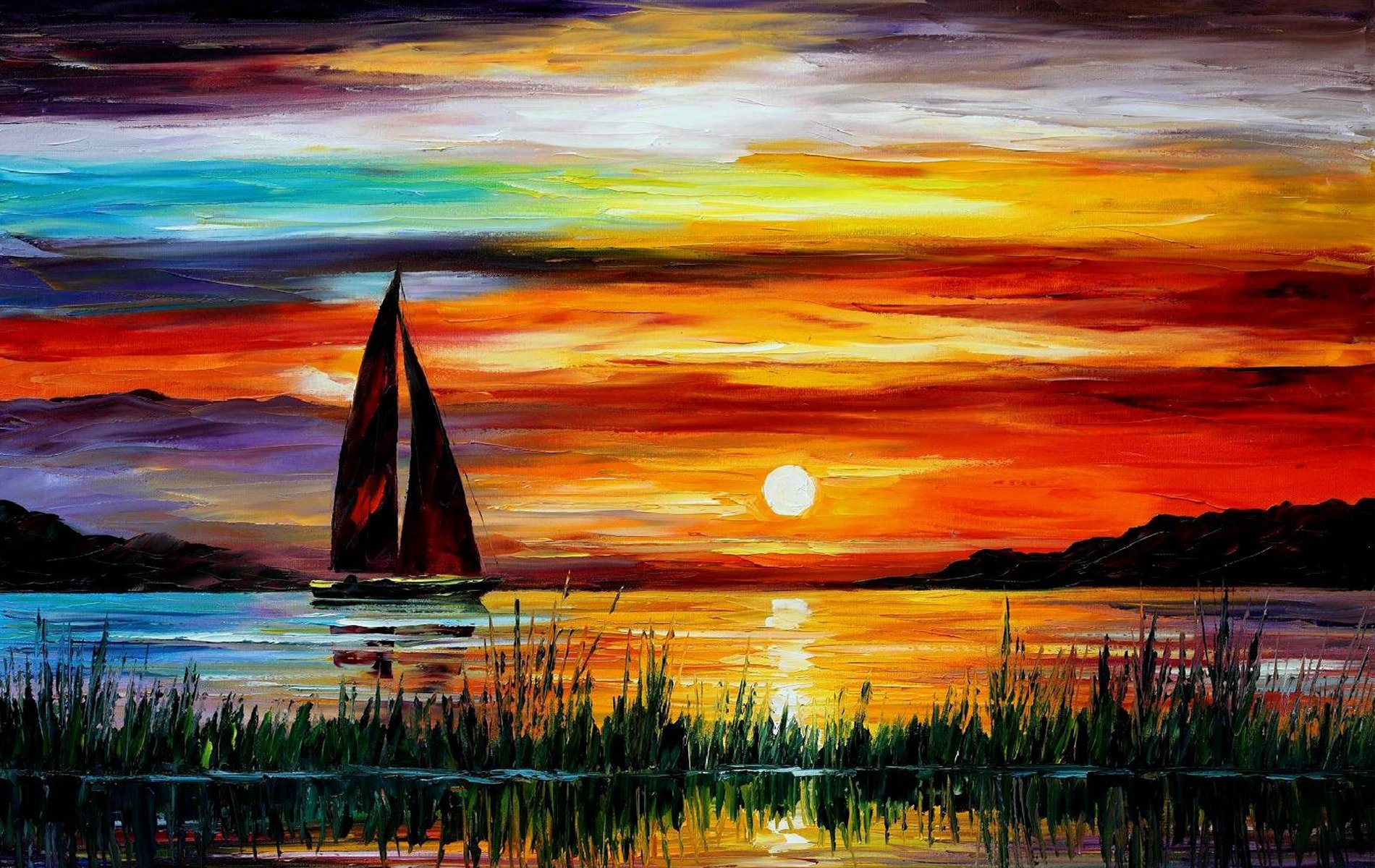 floride leonid afremov coucher de soleil mer bateau peinture