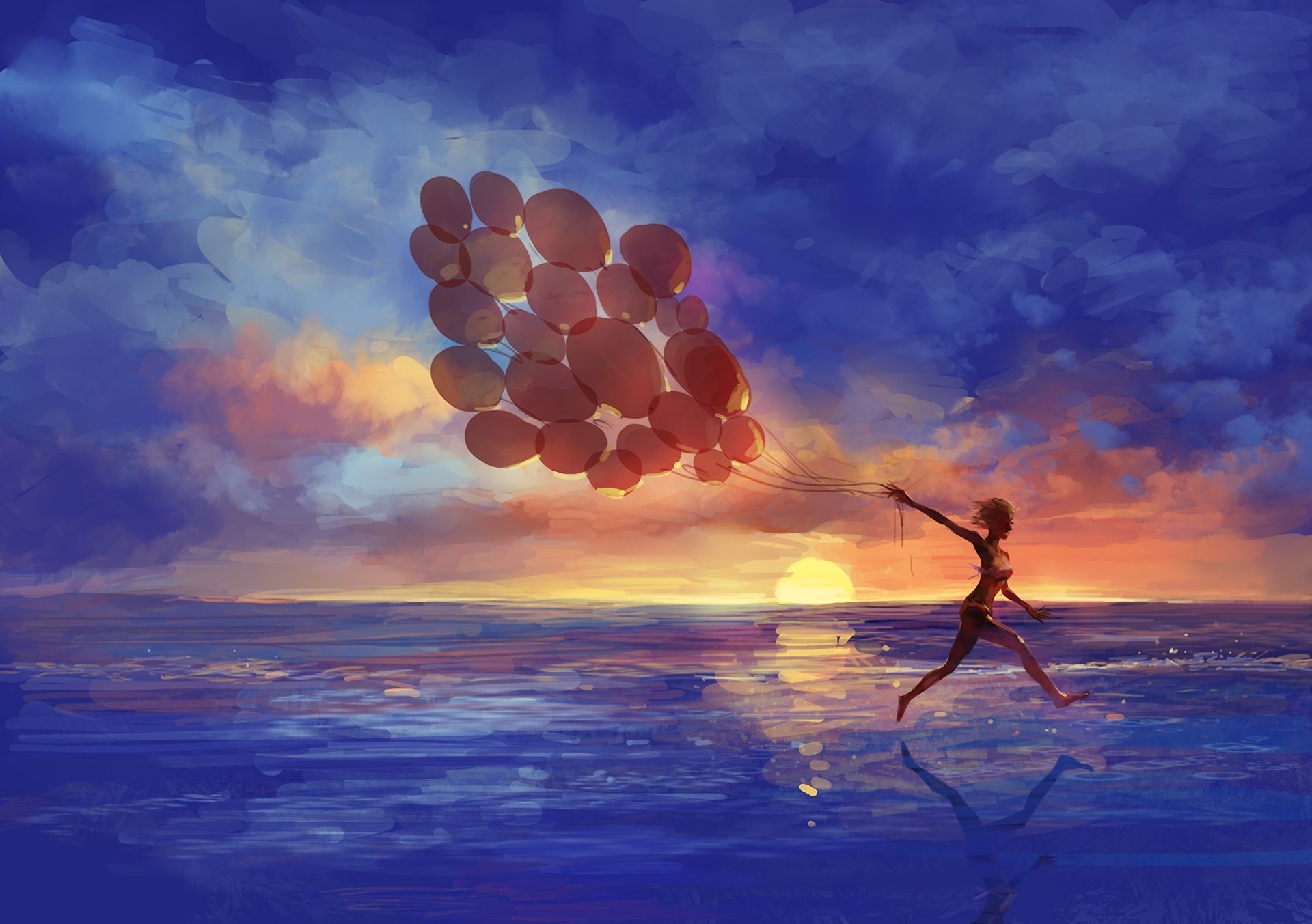 art sea girl balloons running emotions sunset