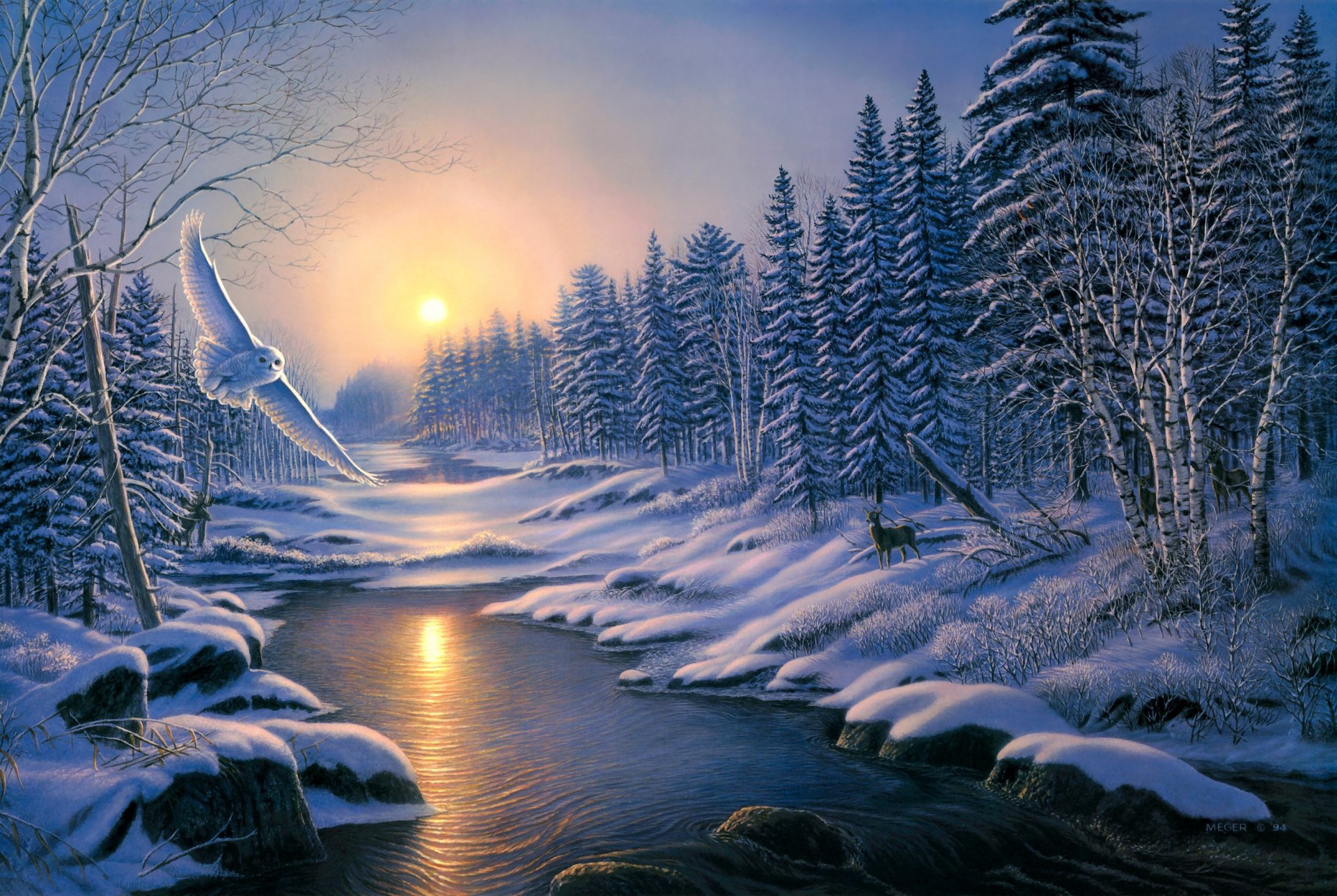 james meger sonnenwende malerei sonnenuntergang winter eis schnee natur vogel eule bäume winter wald fichte fluss eule hirsche tiere