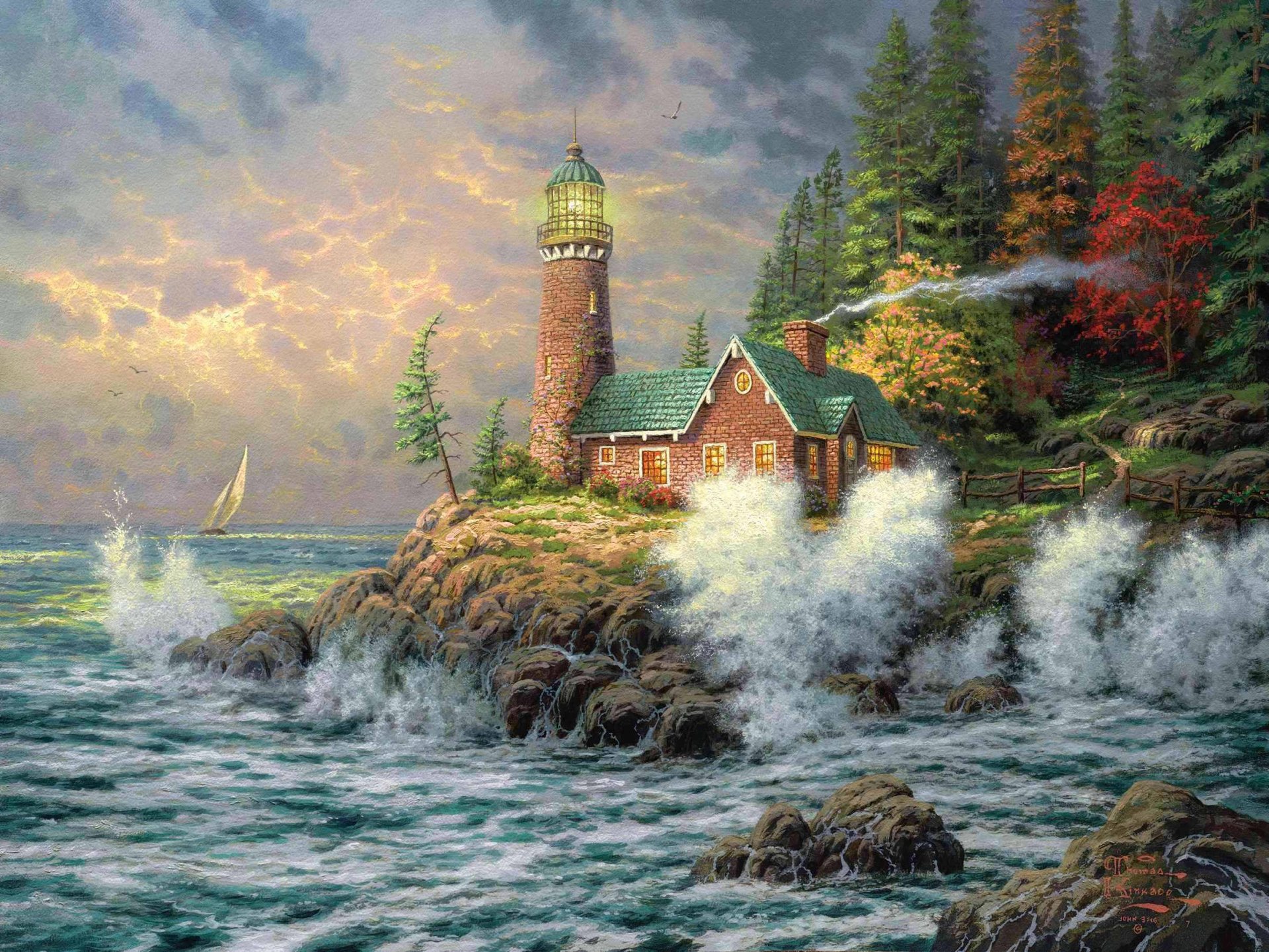 thomas kinkade lighthouse sea painting pattern