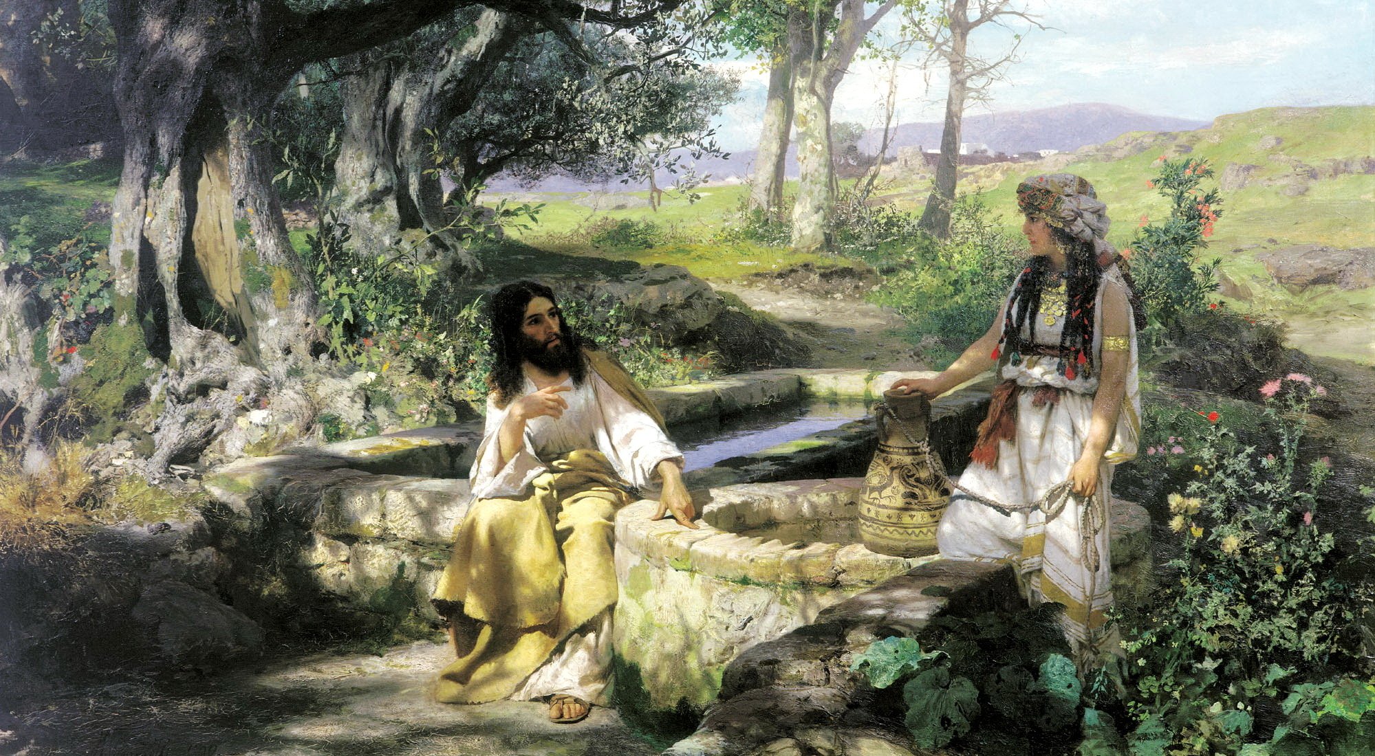 será agua luz arte de la biblia pintura enrique de semiradsky cristo y la samaritana florero pozo historia de la biblia belleza en simplicidad