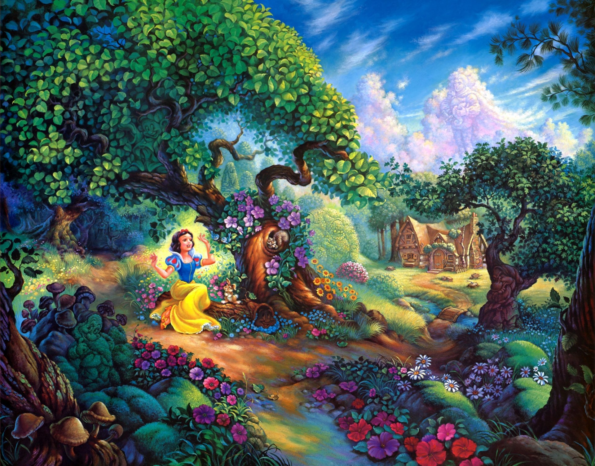 now whites magical forest tom dubois painting snow whites forest walt disney cartoon house flower