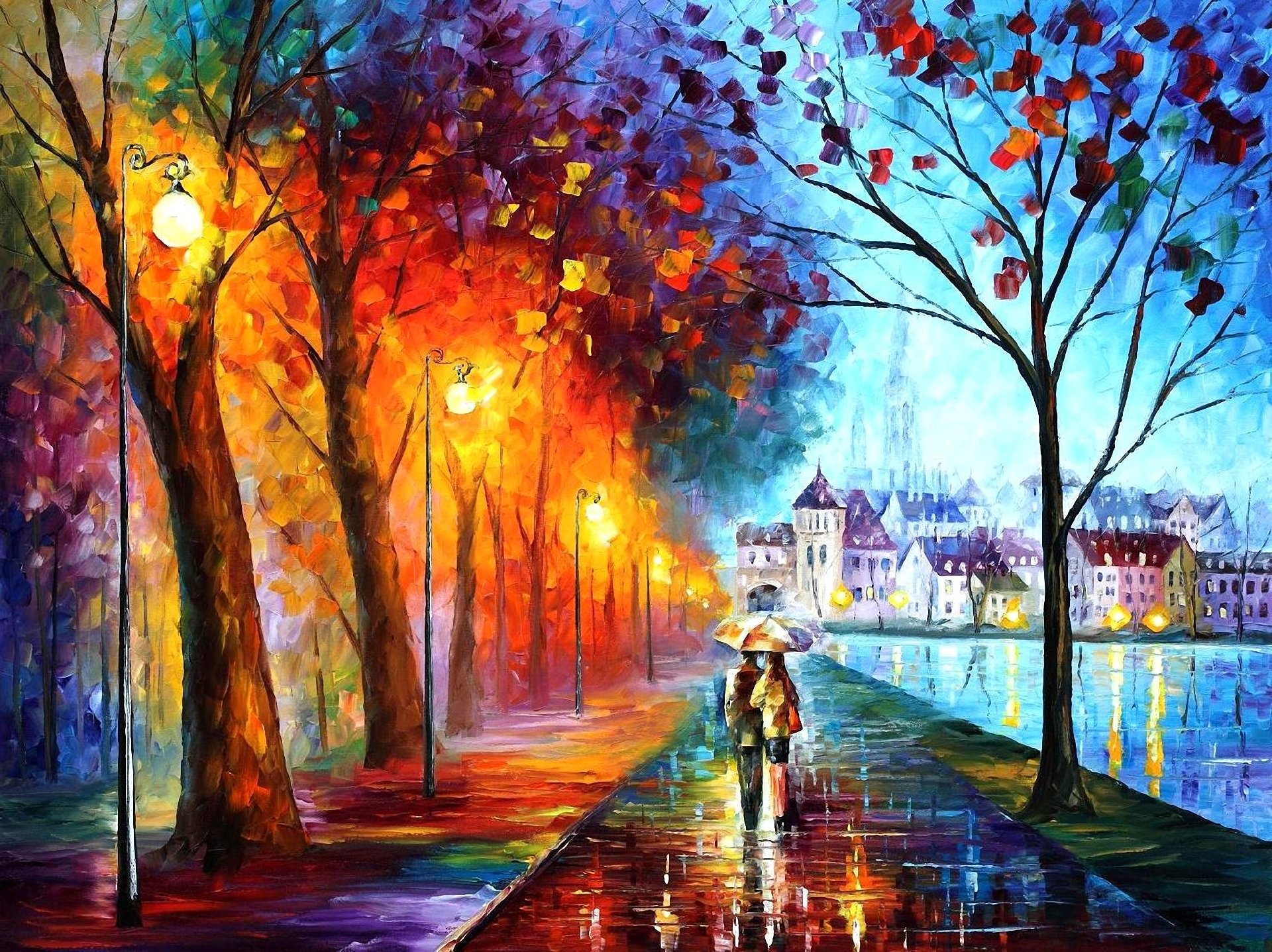 art leonid afremov miasto para para parasol parasol latarnie domy rzeka drzewa park deszcz