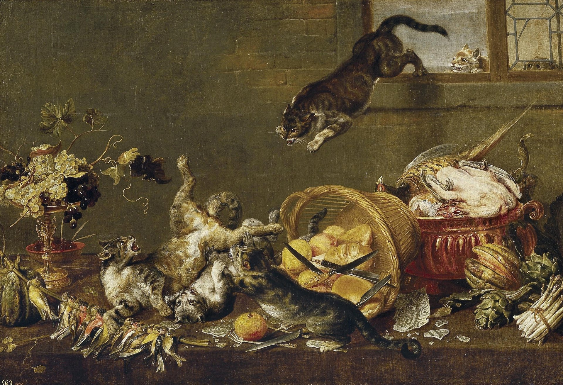 flemish painting xvii century cats cats fight fruits vegetables poultry basket knive