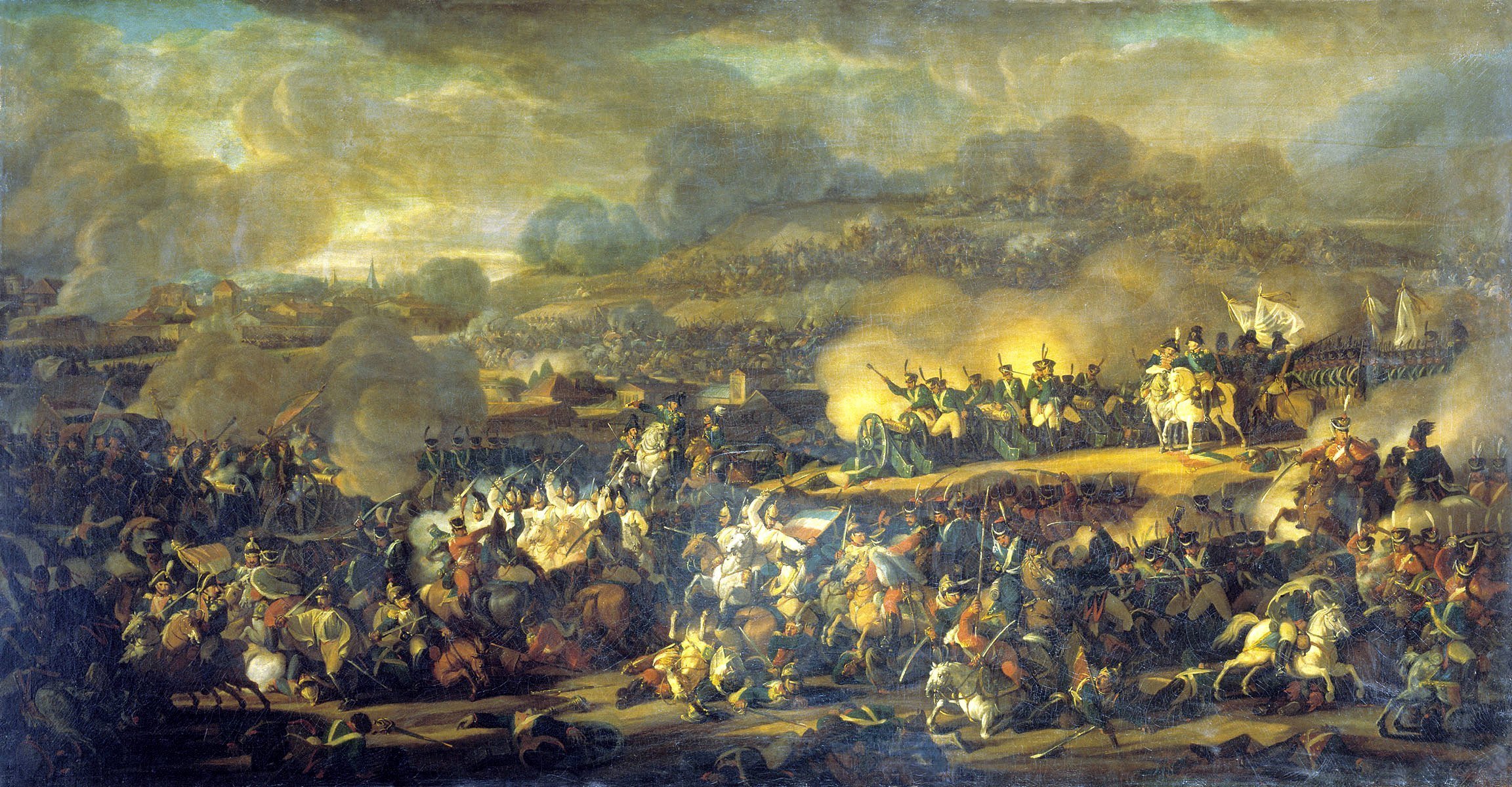 batalla guerra soldados rusos franceses caballería cañones humo batalla de leipzig 6 de octubre de 1813