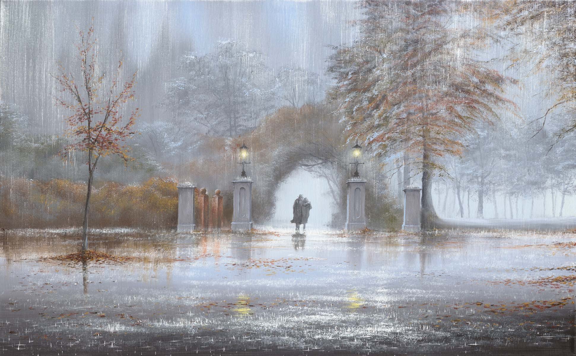 obraz jeff rowland deszcz dwoje park jesień latarnie łuk