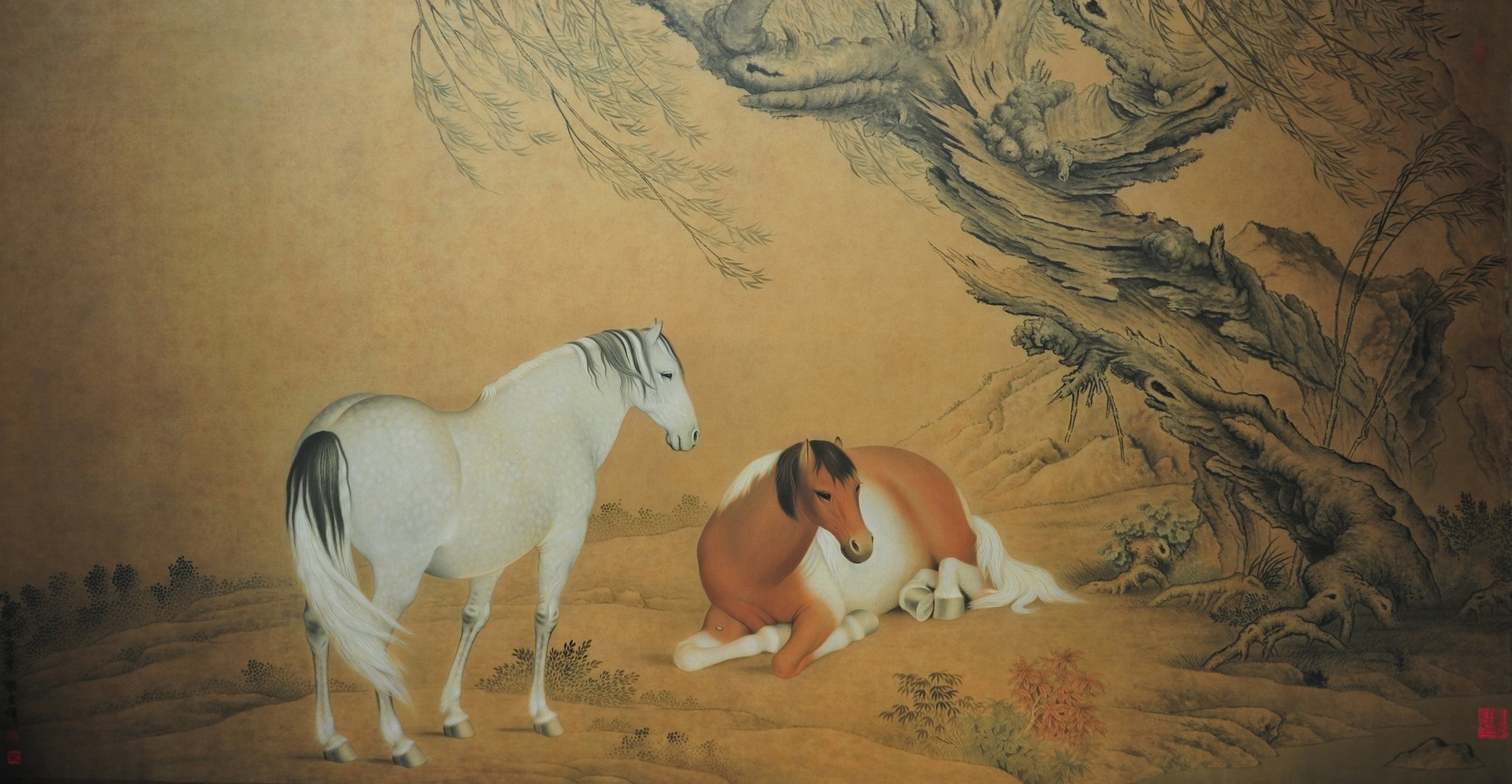 pintura china caballo árbol naturaleza fondo amarillo pintura china imagen pareja