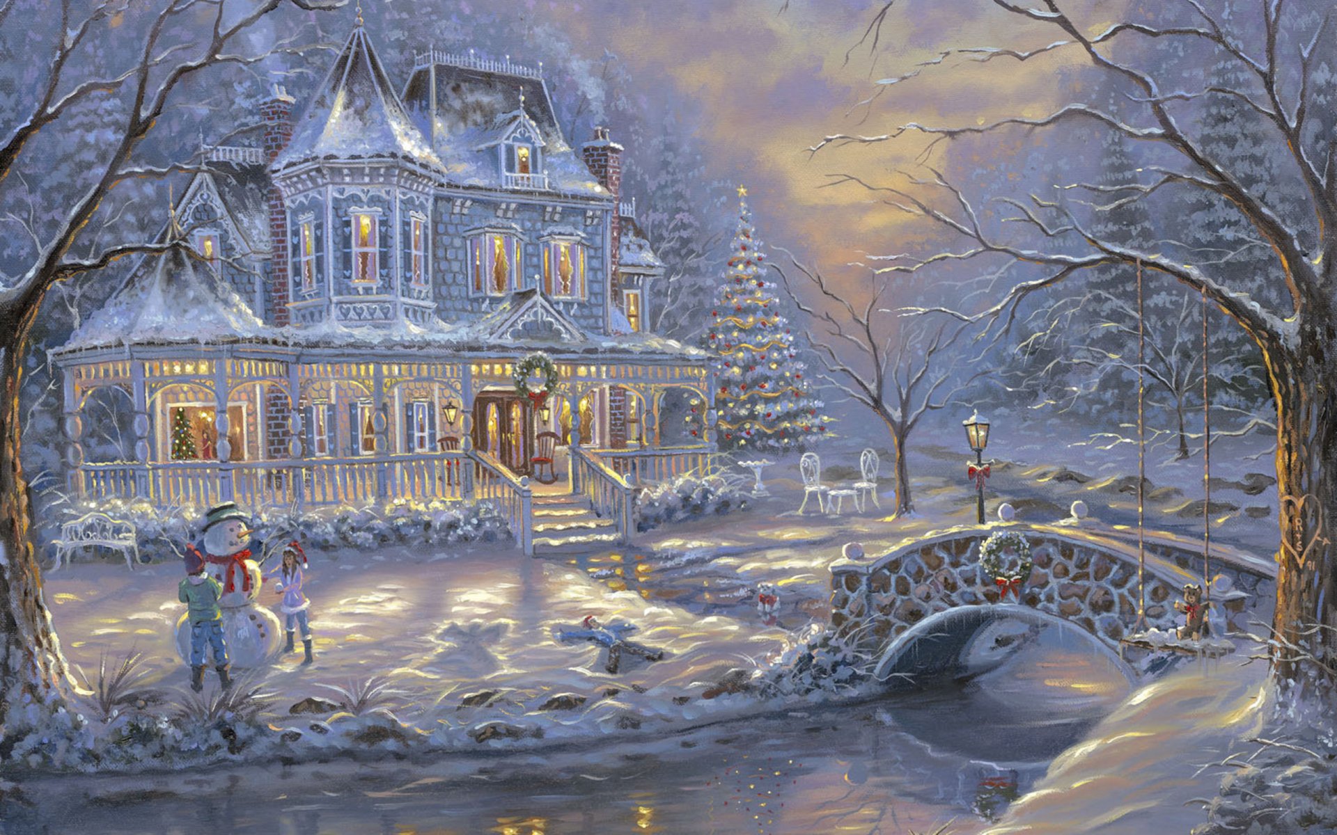 robert finale pittura neve pupazzo di neve inverno ponte natale decorazione di natale albero di natale cottage ghiaccio fiume bambini inverno freddo gelo natale decorazione albero di natale abete