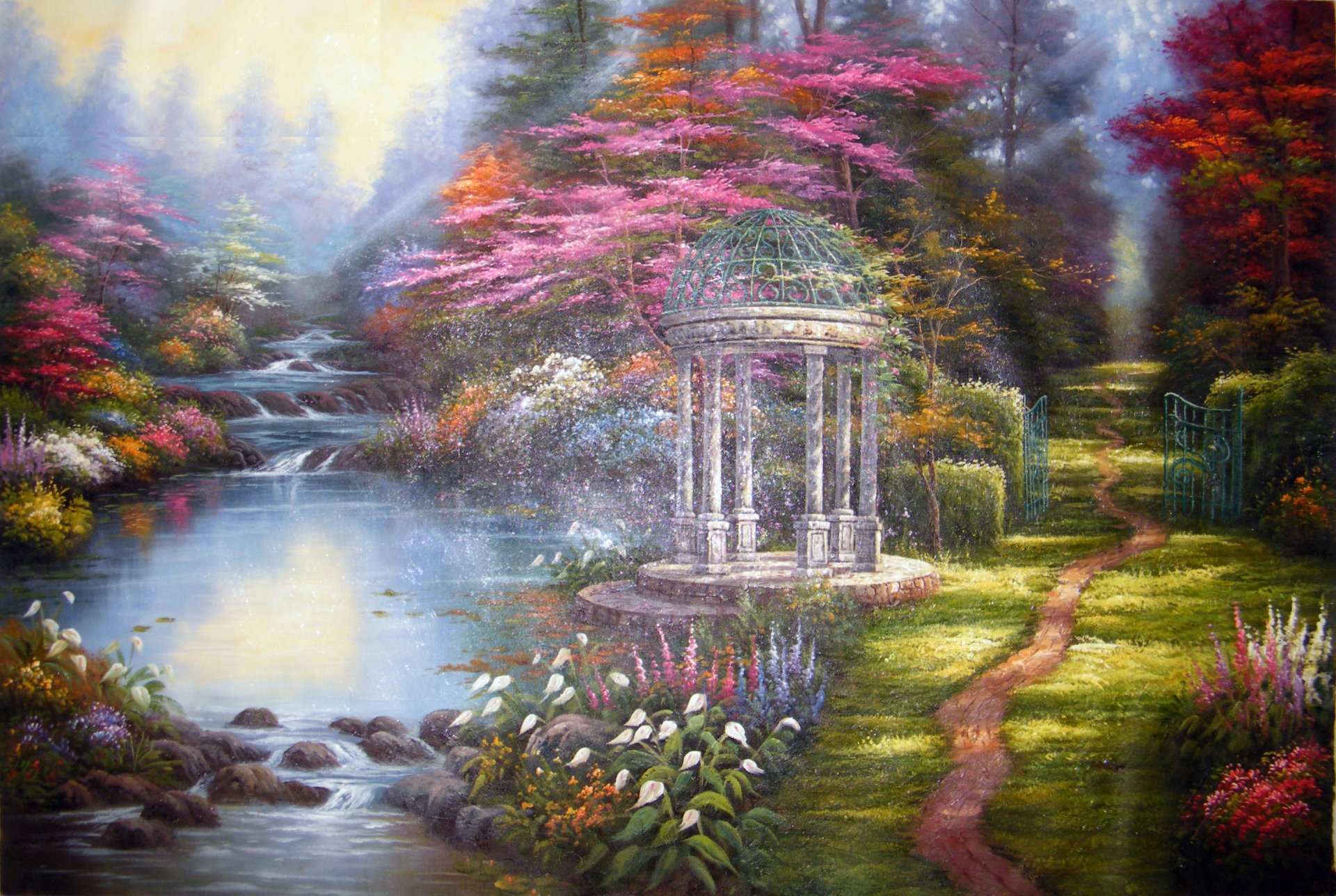 thomas kinkade painting pattern the garden of prayer garden furniture flower path river