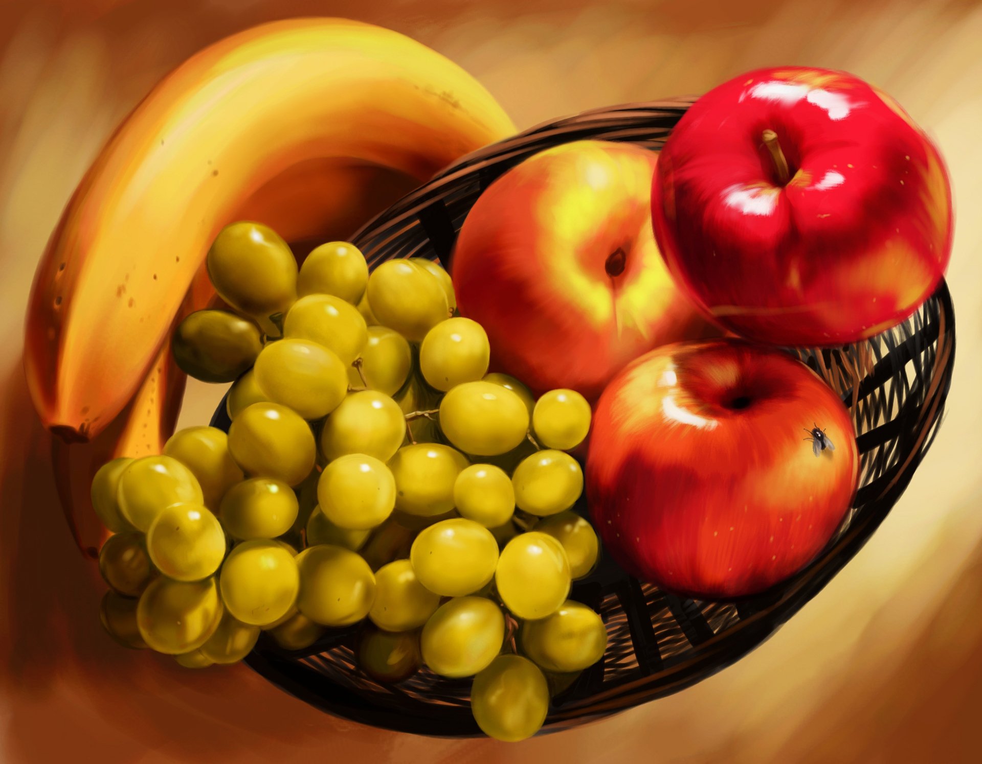 bananas apples grapes shopping fly painting oil