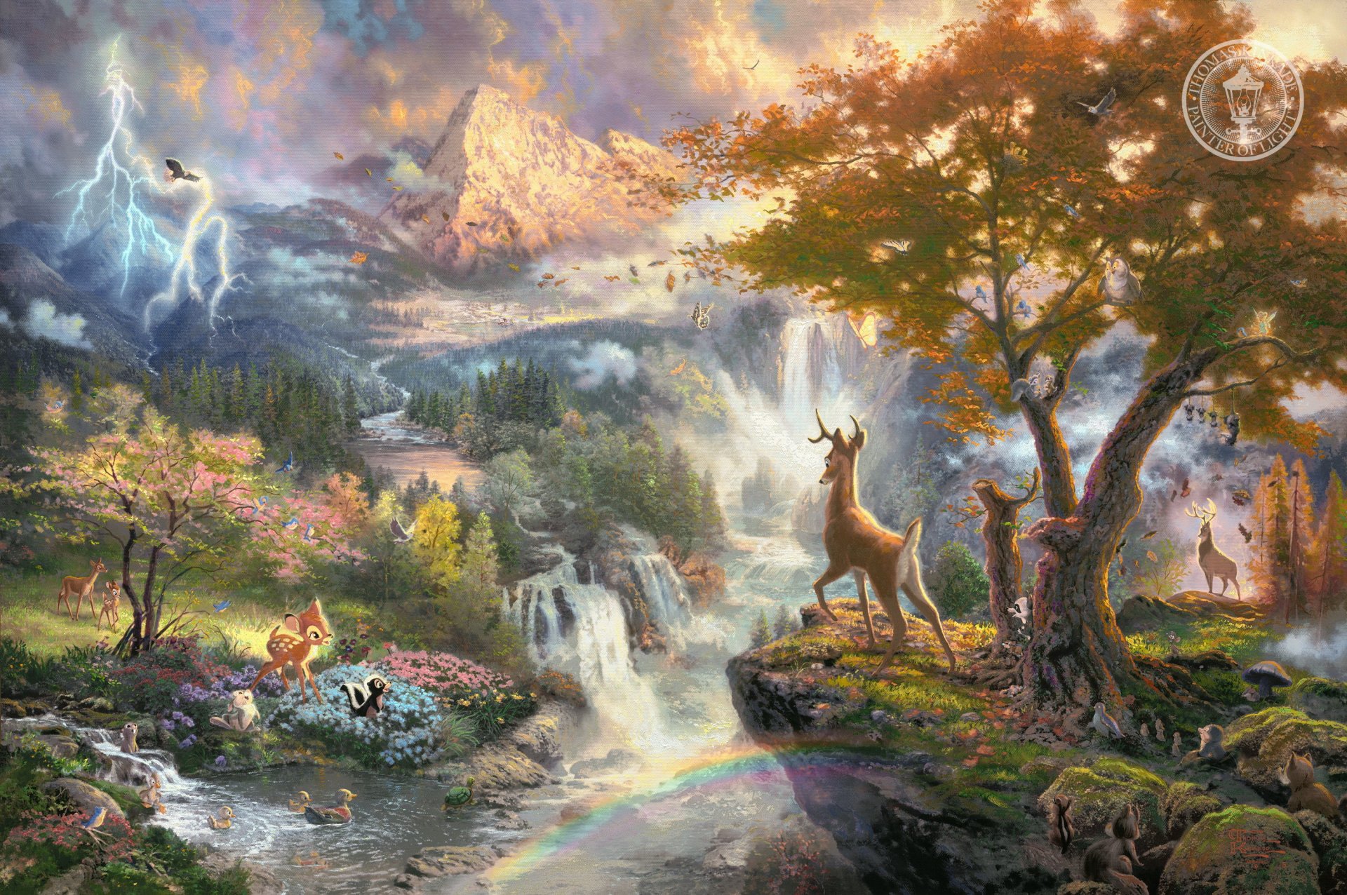 bambi première année thomas kincaid peinture walt disney film art bambi classique dessin animé belle nature rivière montagnes cascade oiseaux animaux