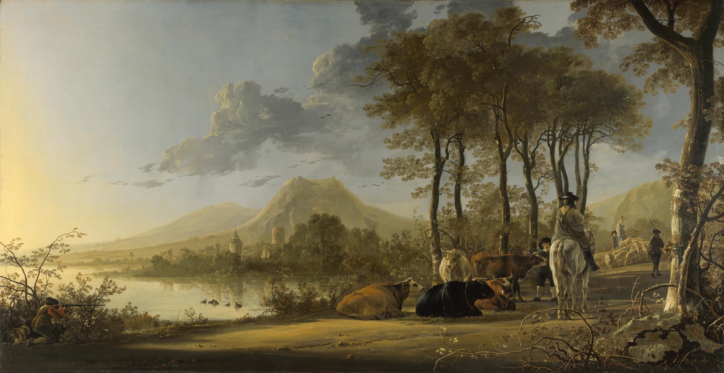 pittura pittura albert cape paesaggio fluviale con cavaliere e contadini paesaggio fluviale con cavaliere e contadini paesaggio fiume alberi cielo cavaliere mucche