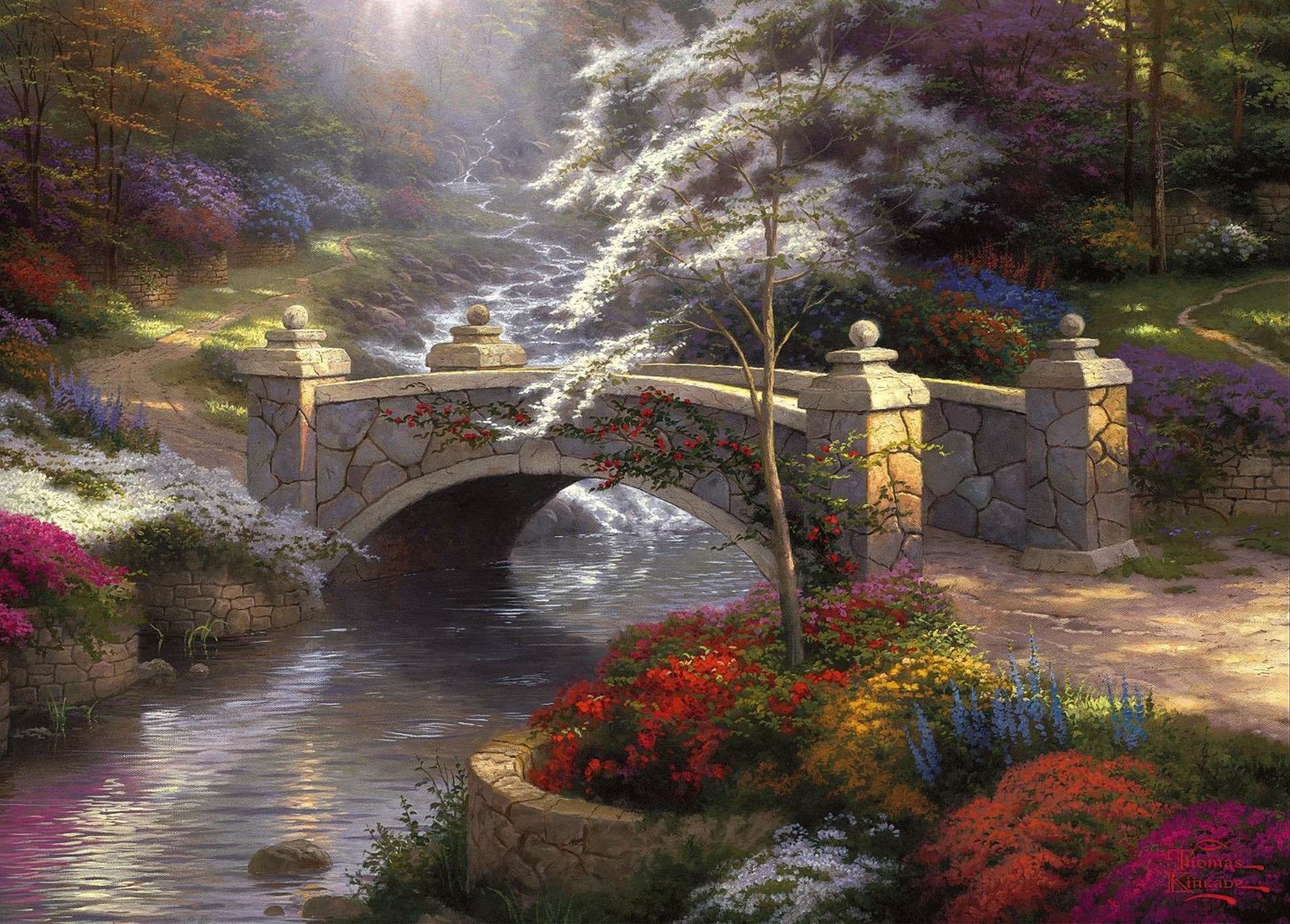 bridge of hope thomas kincaid painting nature bridge bridge colorful river