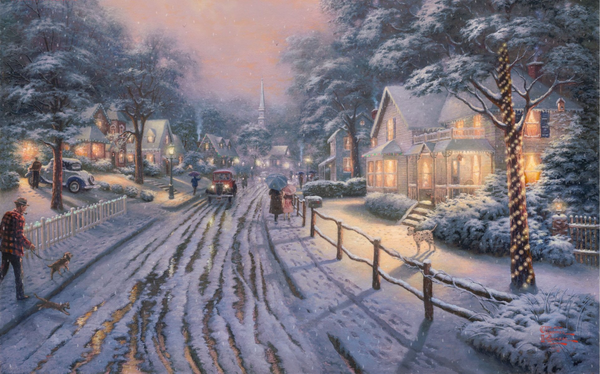 ciudad natal recuerdos de navidad niza navidad imagen thomas kinkade arte pintura invierno nieve linternas cabaña ciudad pintura ciudad casas cabañas luces personas paraguas camino coches perro dolmatiano invierno