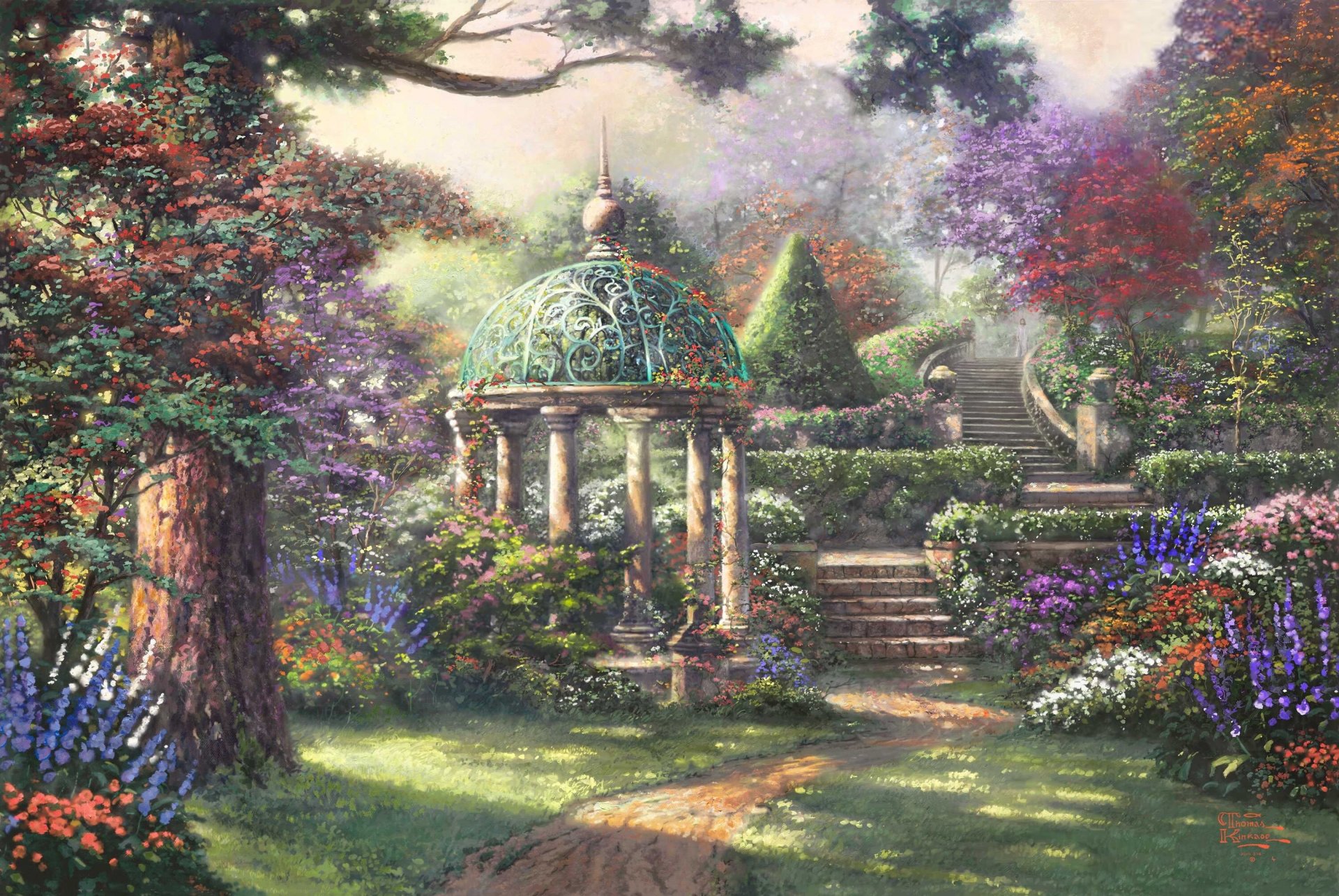 cenador de oración thomas kinkade pintura paisaje cenador flores árboles bosque