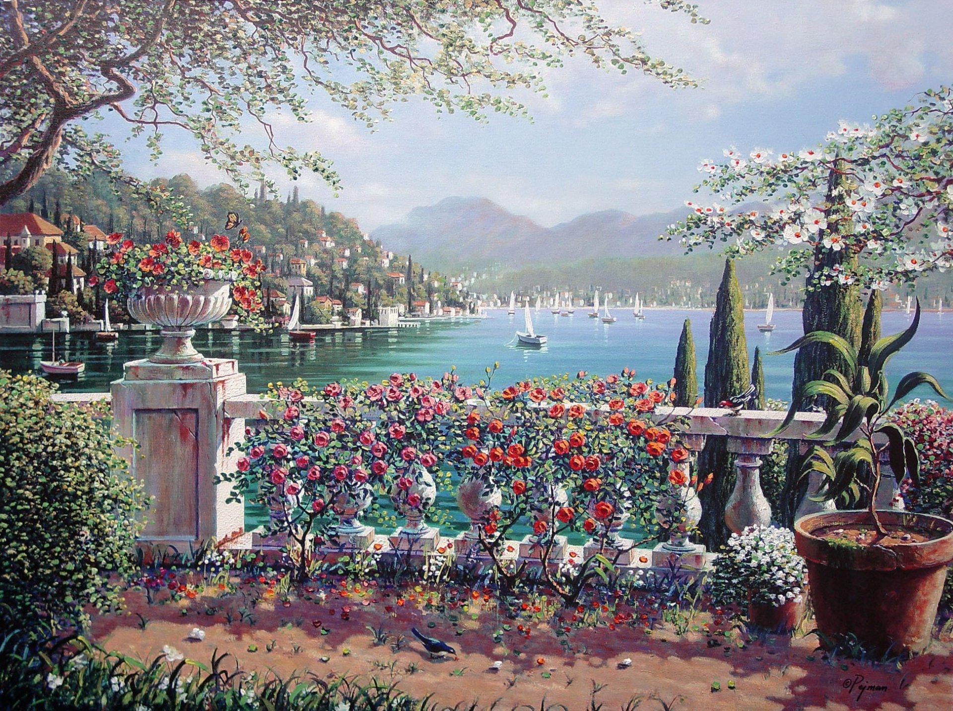 terrace in bellagio bob pejman bellagio italy painting bob peyman town lake lake como sail flower roses cypre