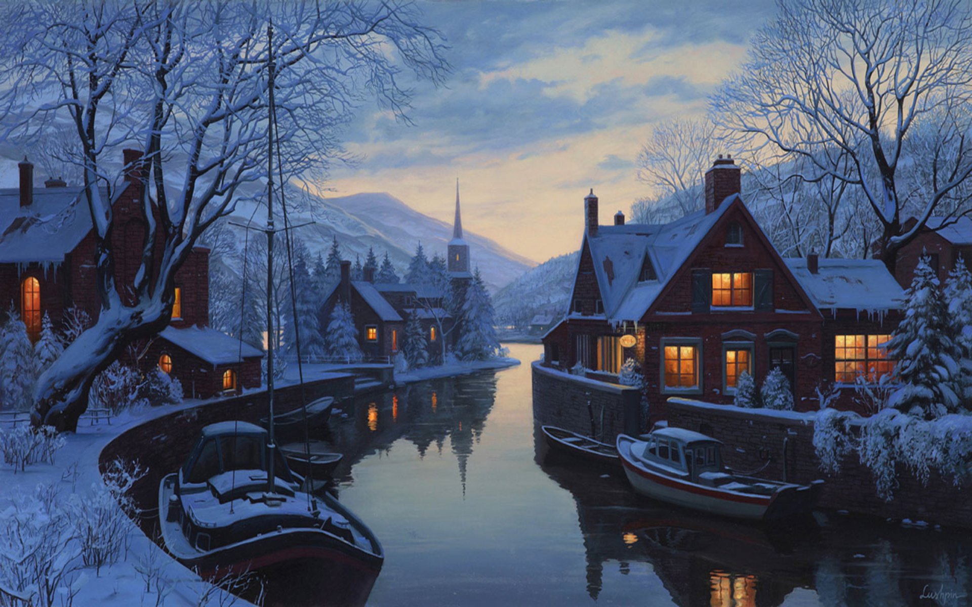 vecchia locanda sul fiume eugene lushpin pittura lushpin inverno neve case cappella alberi fiume barche eugene lushpin lushpin inverno abete montagna sera crepuscolo