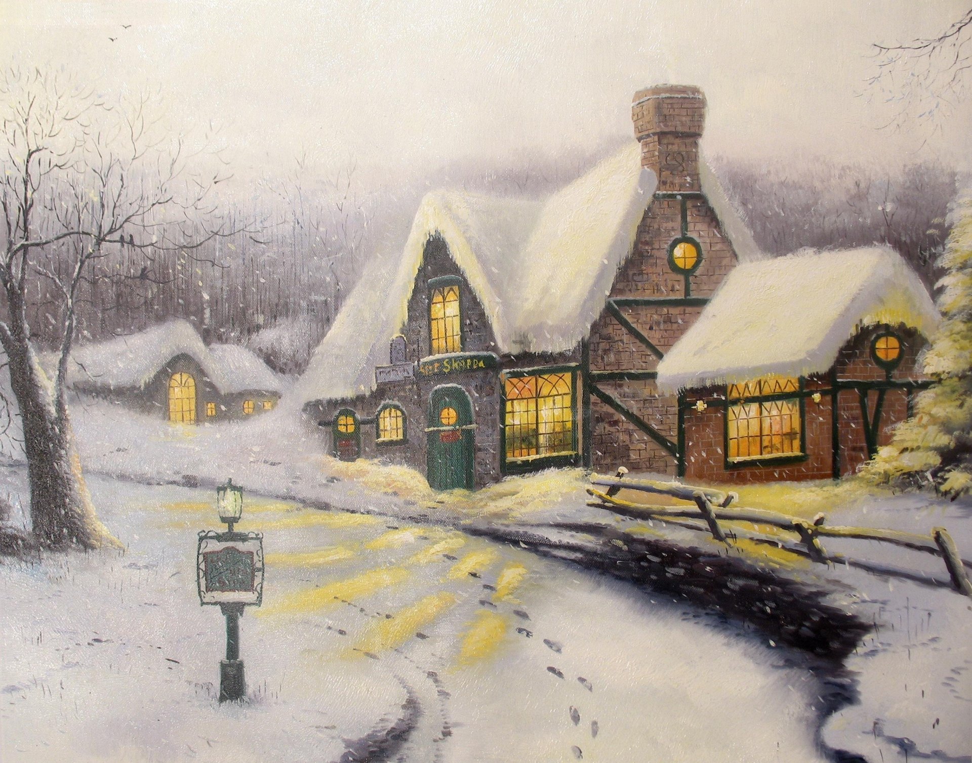 thomas kinkade winter snow cottage painting pattern olde porterfield gift shoppe