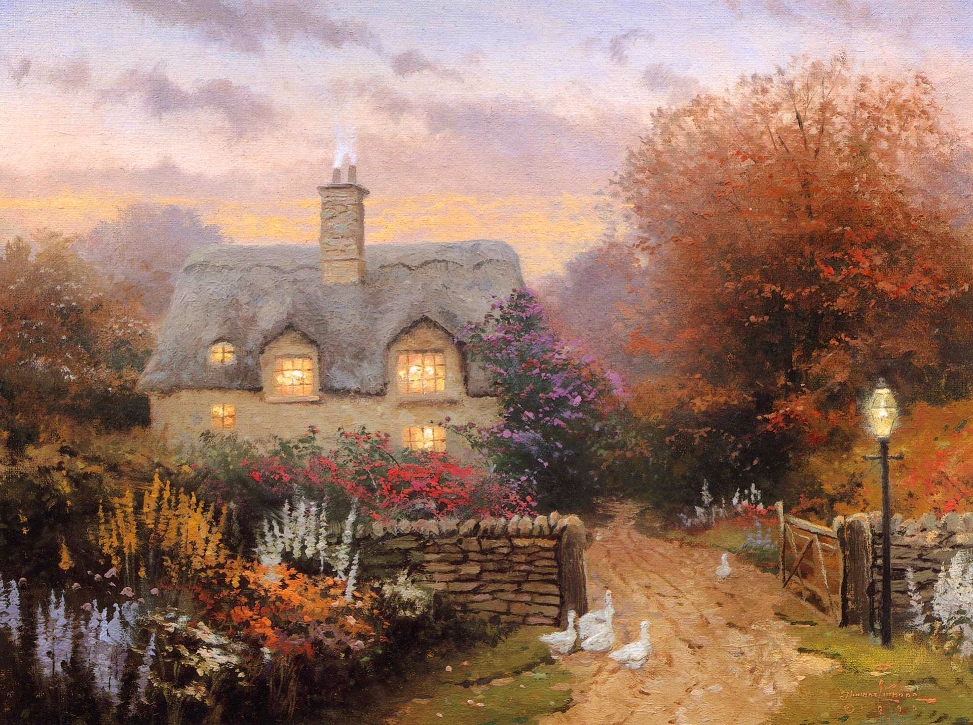 thomas kincaid kincaid puesta de sol cabaña cabaña flores gansos pintura pintura