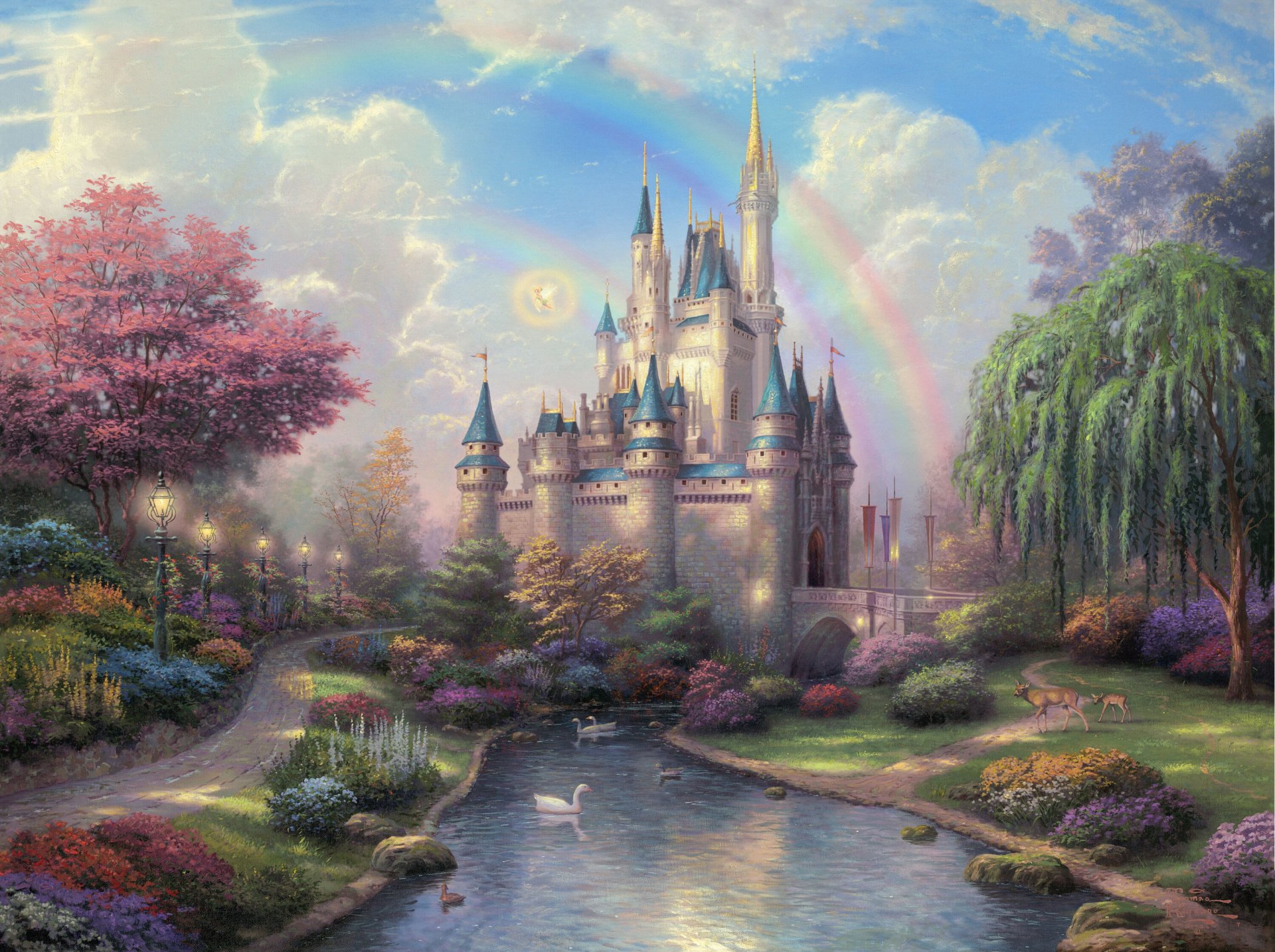 nuovo giorno al castello di cenerentola thomas kincaid pittura castello di cenerentola castello disneyland parco alberi salice fiori ponte fiume anatre cervi sentiero passerella lanterne arcobaleno