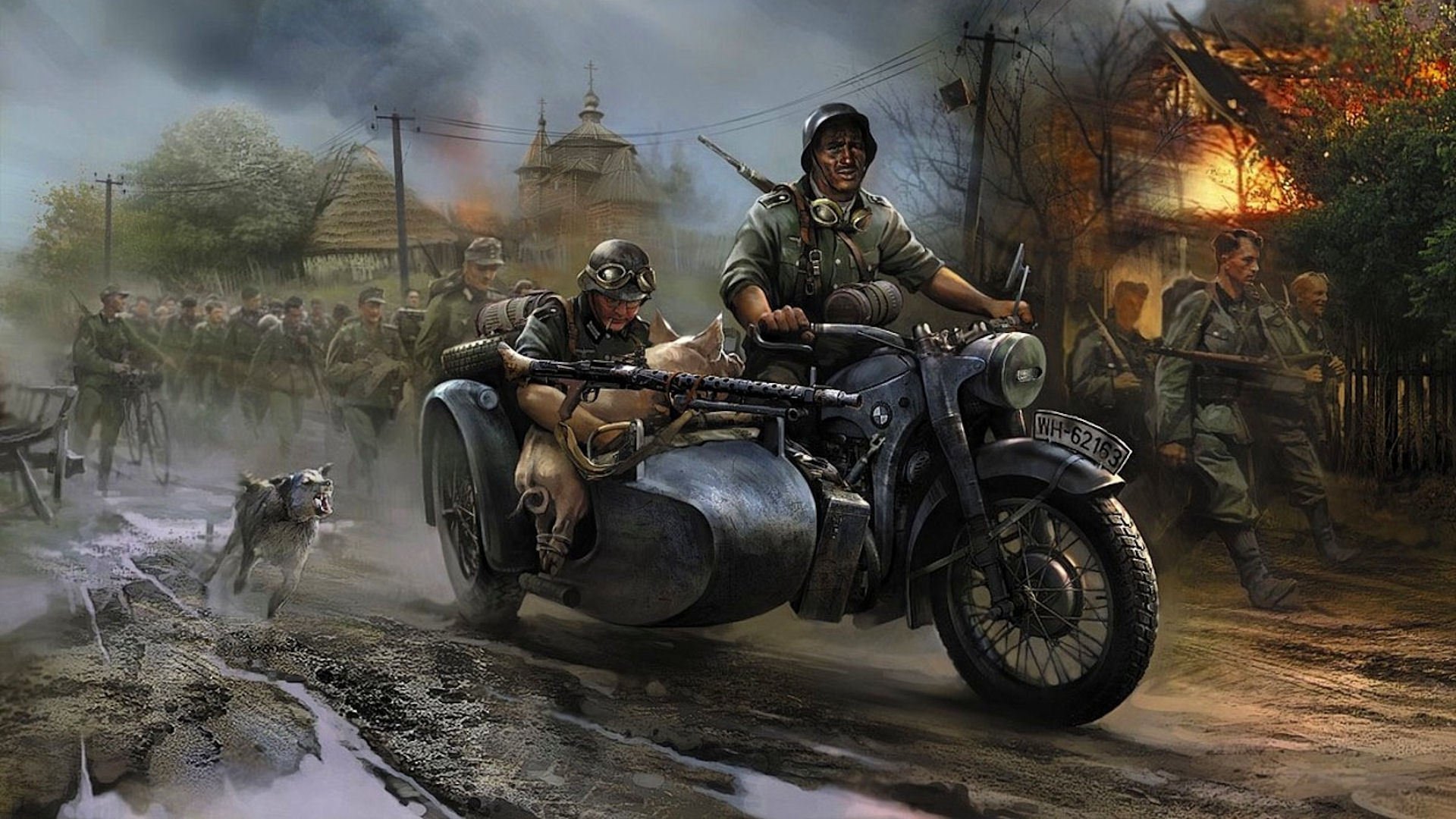 the germans bike invasion pigs dog bmw church fire war