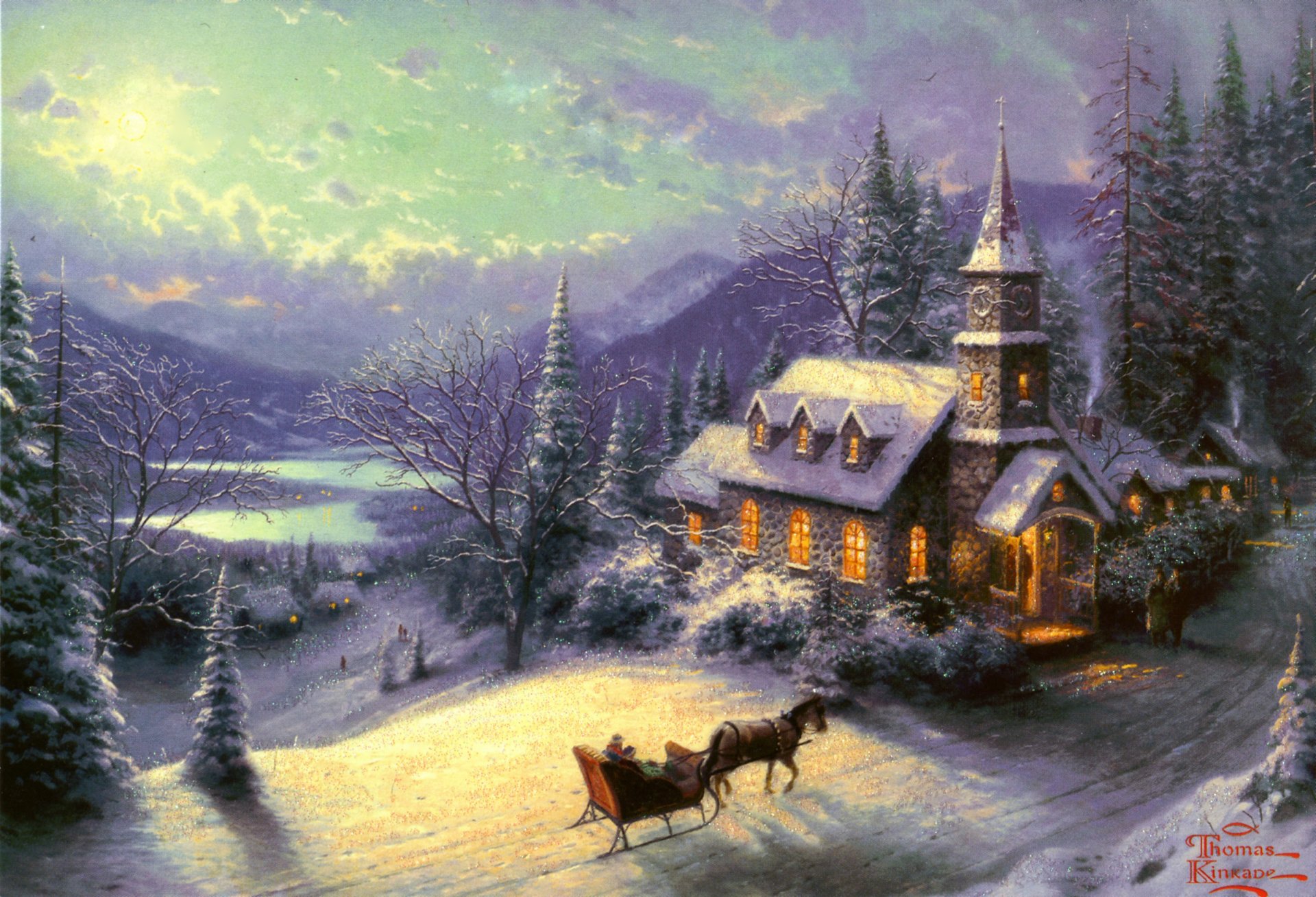 dimanche eva traîneau thomas kincaid peinture hiver hiver lune lumière neige maison chapelle route cheval traîneau dimanche soir vacances montagne lac forêt épinette peinture peinture dessin dessins art