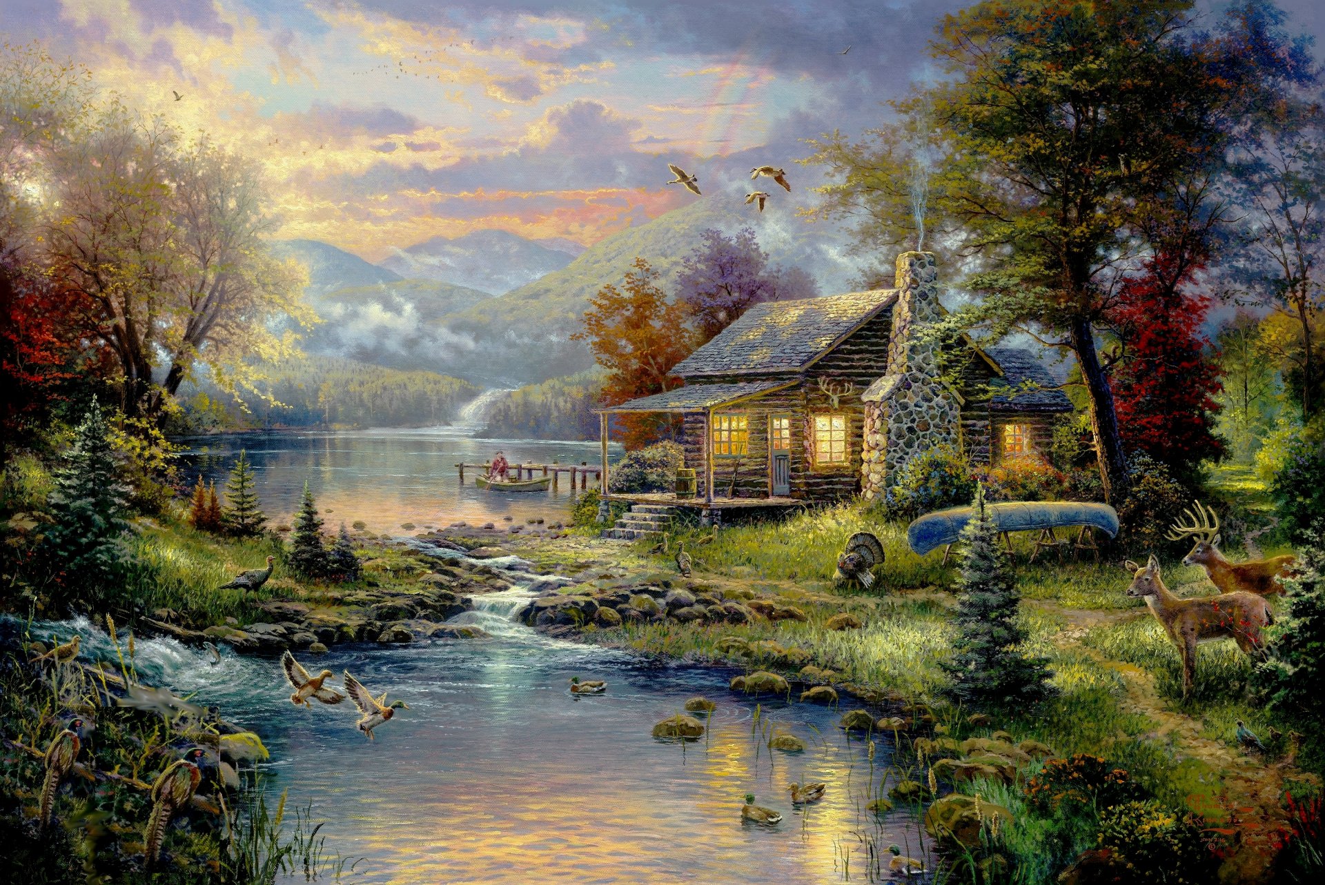 painting nature paradise thomas kincaid art painting forest river nature house paradise nature boat huntsman hunting birds deer mountains tree