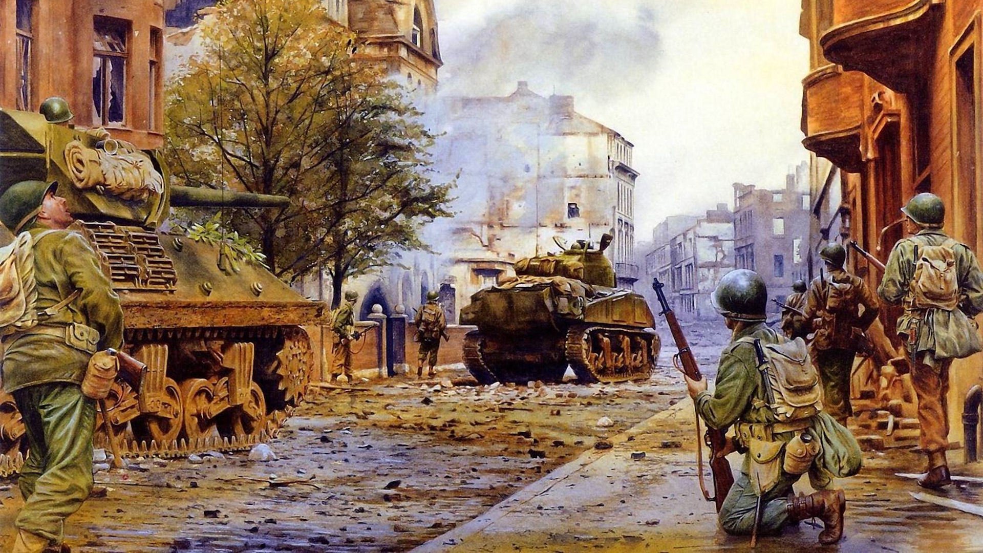 krieg amerikaner panzer stadt ruinen verwüstung soldaten kampf sherman straße rauch gebäude baum zwei links