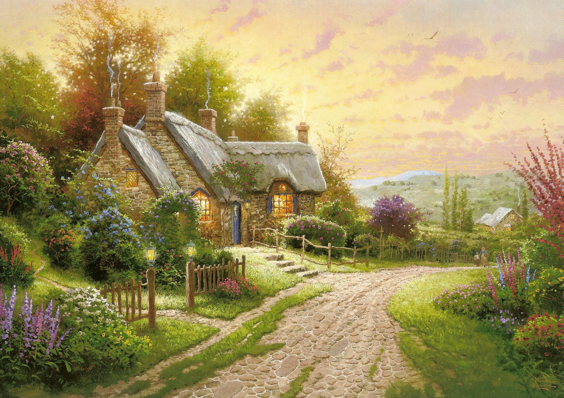 thomas kinkade verano cabaña casa flores camino noche pintura pintura