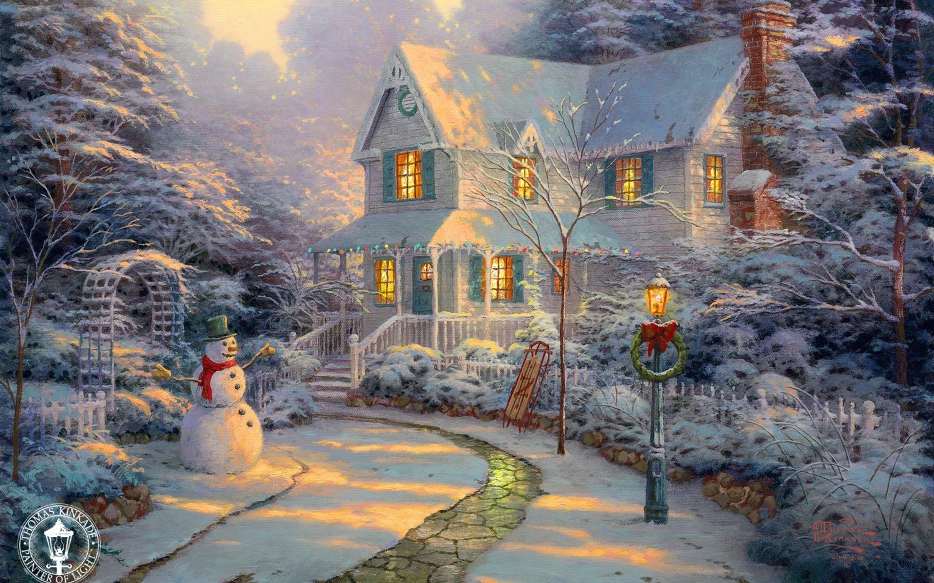 notte prima di natale thomas kincaid pittura natale vacanze inverno pupazzo di neve cottage tramonto notte prima di natale vacanza passerella slitta lanterna casa