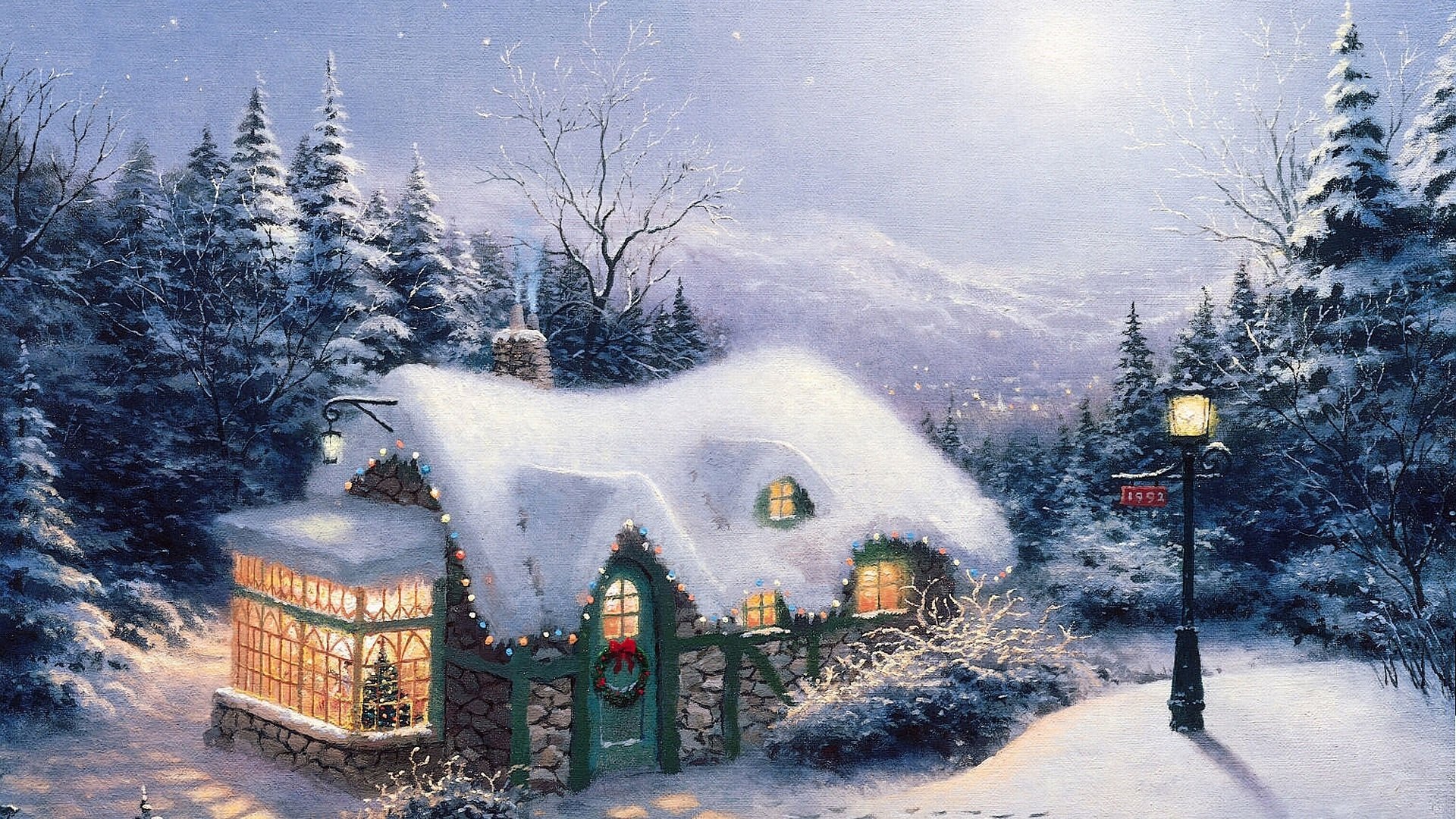 landscapes thomas kincaid silent night painting painting christmas new year silent night house forest fabulous snow lantern lights christmas tree