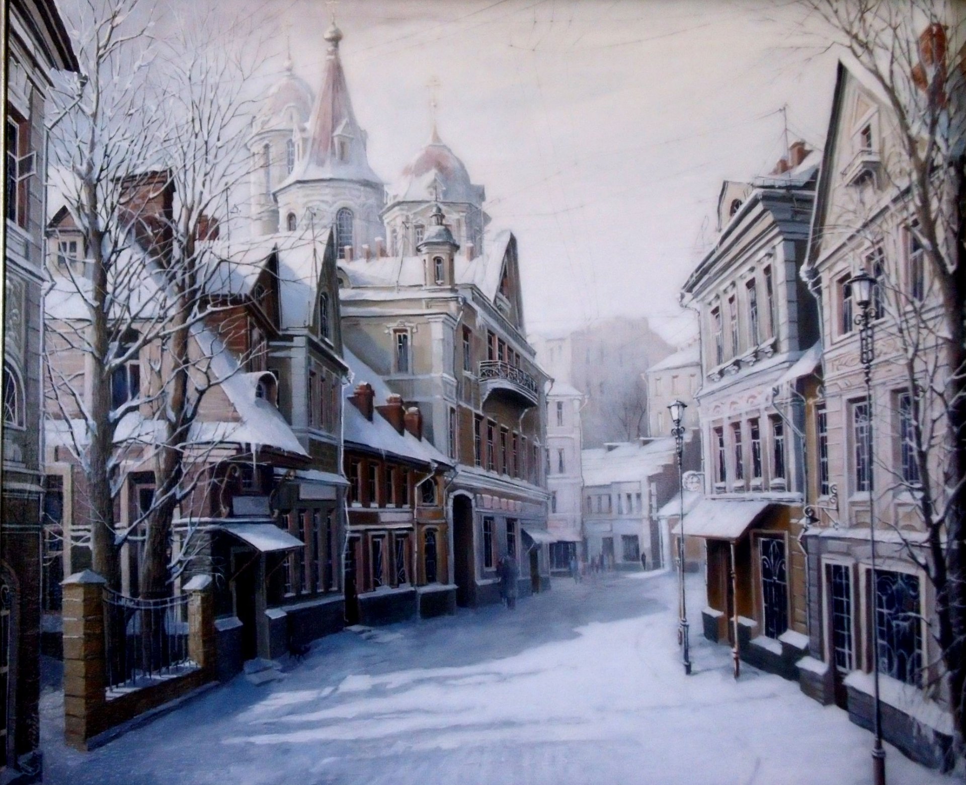 pattern painting alexander starodubov winter town snow road house light tree