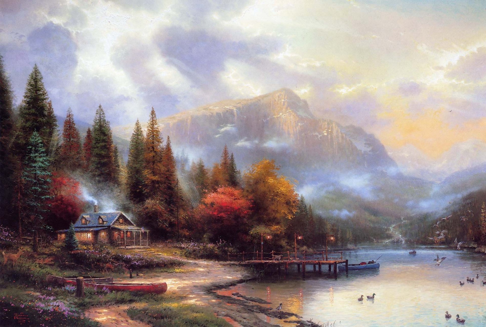 thomas kincaid montagne casa fiume autunno pittura