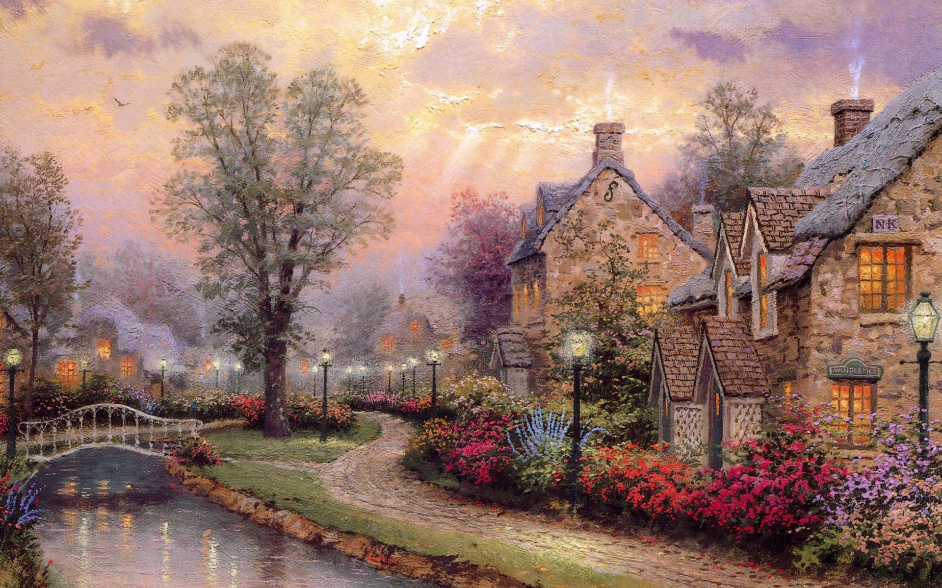 lamplight per thomas kinkade pintura puente cabaña cabañas luz de la lámpara río calle linternas luz iluminación río pintura pinturas dibujo dibujos