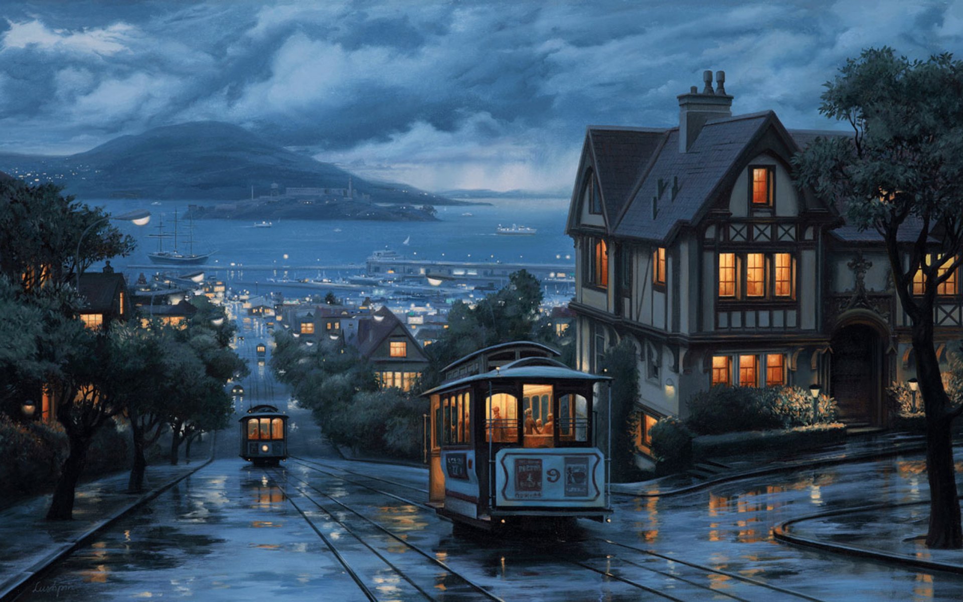 viaggio serale eugene lushpin lushpin pittura paesaggio città strada porto sera casa cielo ripido alberi collina tram vista lushpin eugene lushpin montagna vista navi navi