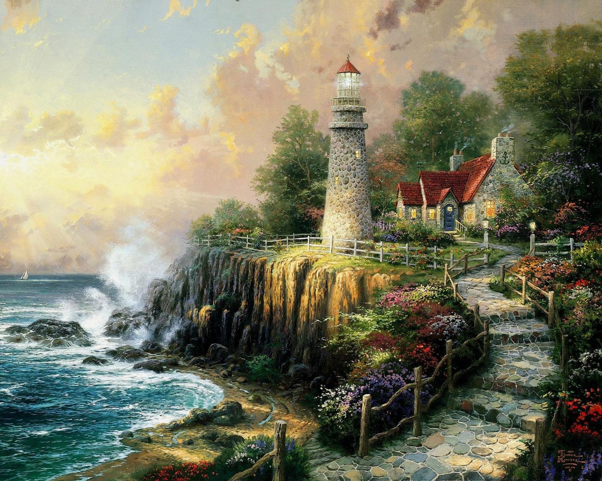 the light of peace thomas kinkade art painting sea lighthouse cottage house waves broken stone track degree nature