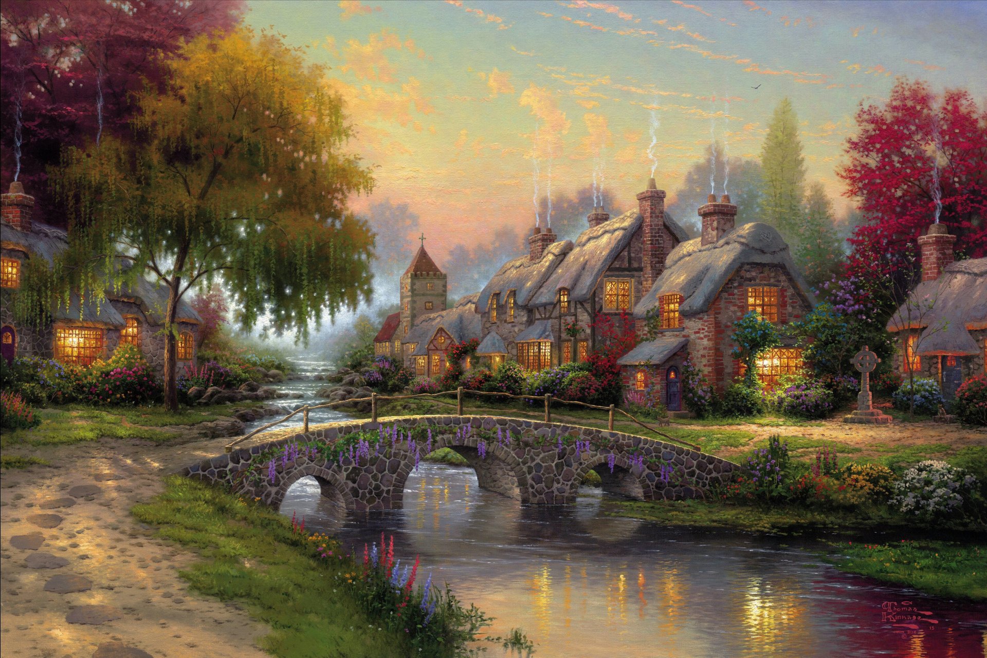 kopfsteinpflaster-brücke thomas kincaid bild kunst malerei sommer brücke ferienhaus bild sommer fluss ferienhäuser hohe auflösung