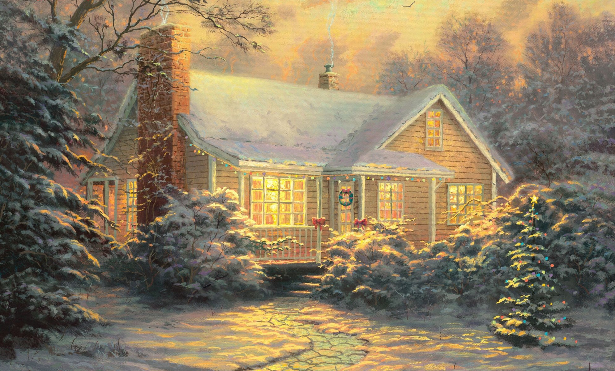 thomas kincaid pittura cottage di natale pittura decorazione di natale inverno neve cottage capodanno decorazione capodanno crepuscolo sera luci