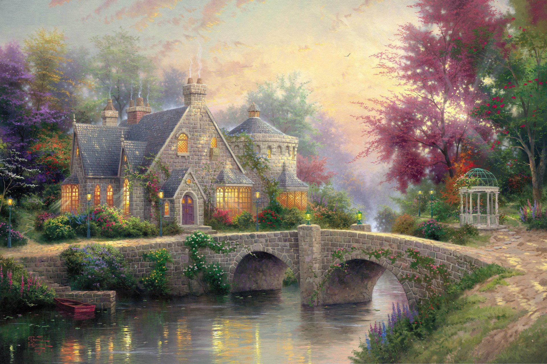 lamplight manor thomas kincaid pintura arte puente colorido casa de campo lámparas manor río verano finca cenador linternas