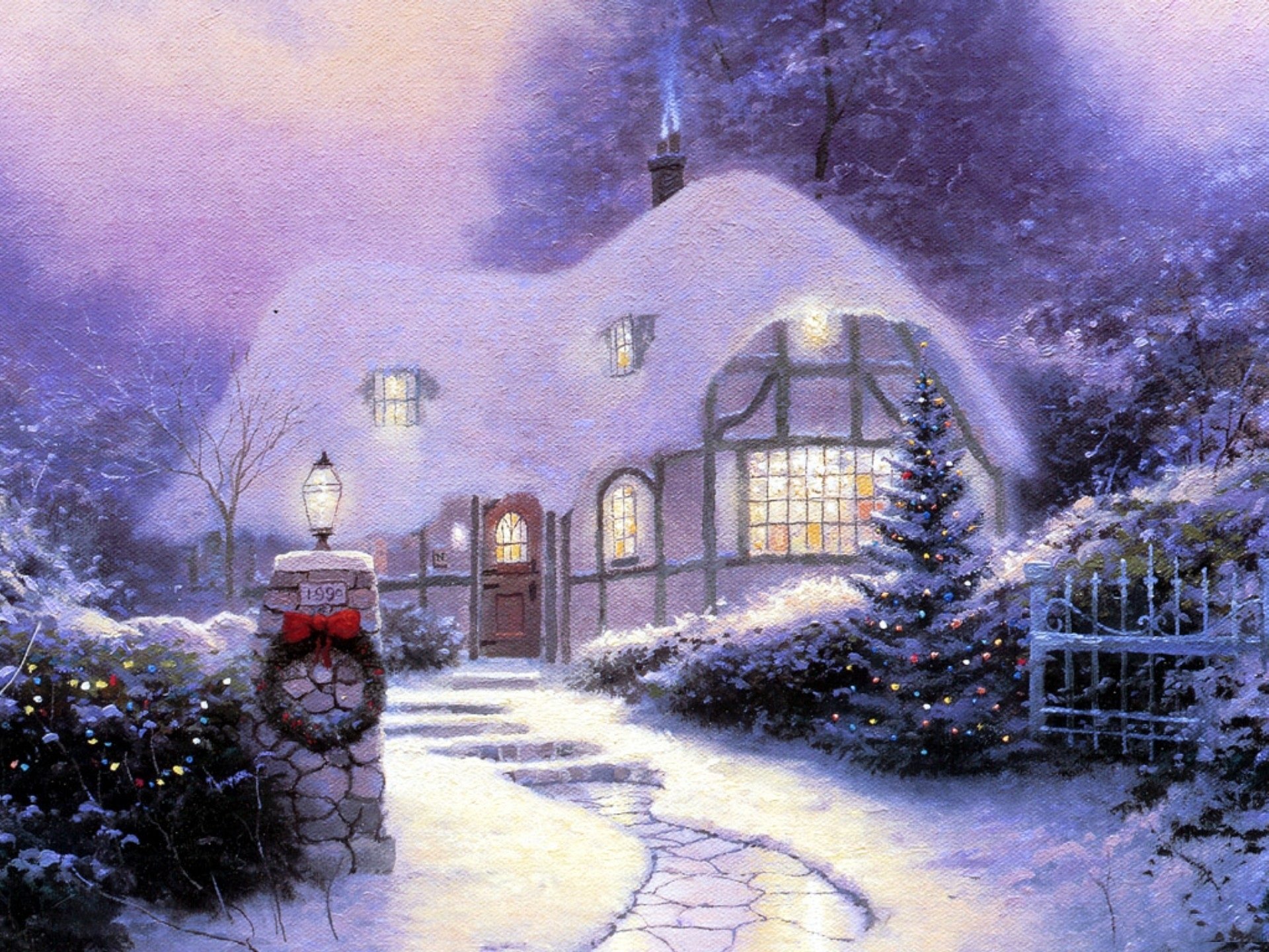 cottage di natale 1990 thomas kincaid cottage di natale 1990 neve vacanza lanterna camera 1990 passerella gradini luce nelle finestre pittura pittura