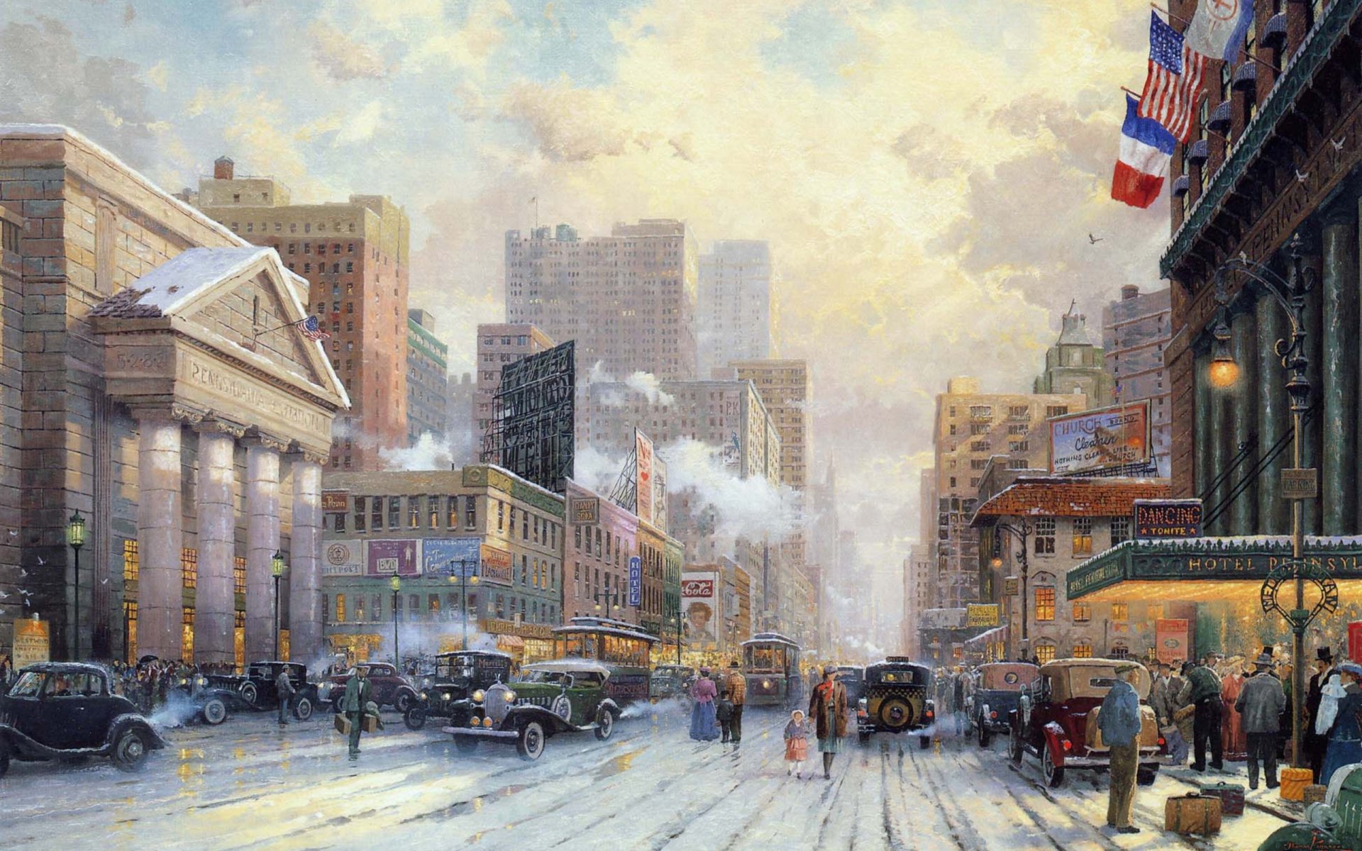 thomas kincaid new york neige sur la septième avenue 1932 art peinture hiver neige ville rue avenue avenue hôtel drapeau usa france voitures voitures maisons gratte-ciel hiver