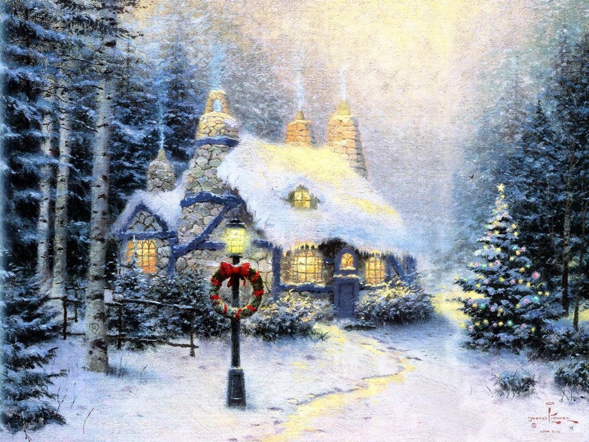 christmas decoration painting stonehearth hutch landscape winter painting thomas kincaid stone cottage windows garland christmas wreath