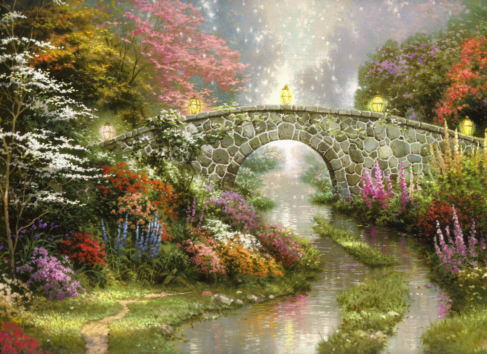 tillwater puente thomas kincaid pintura naturaleza puente flores lámparas magia hermosa magia linternas