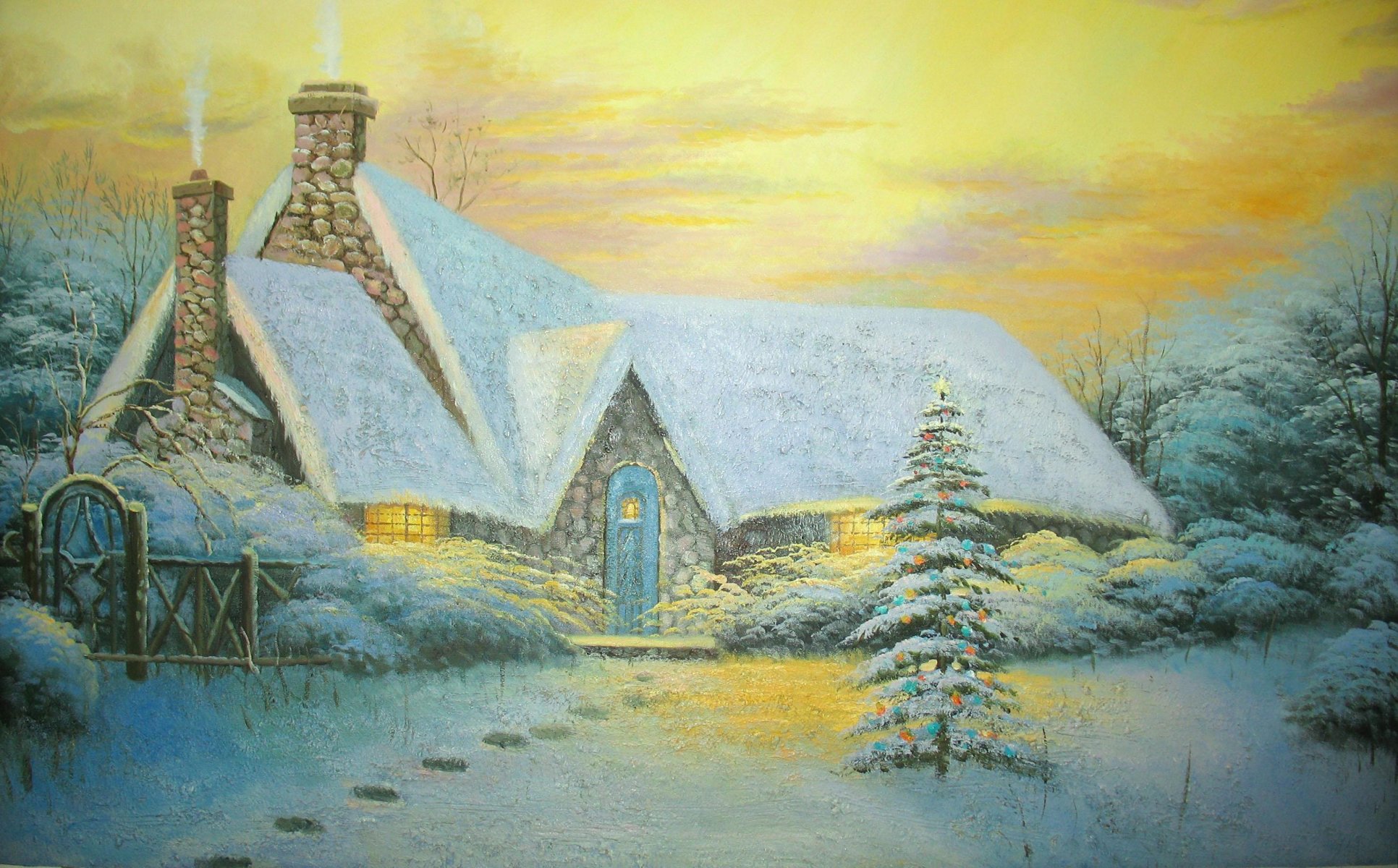 pintura thomas kinkade pintura imagen casa de árbol de navidad invierno casa de campo cerca nieve huellas